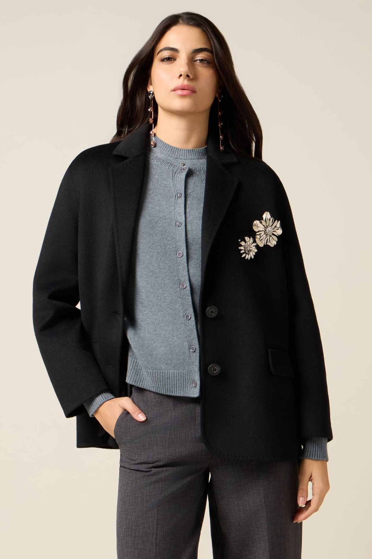 UNSTRUCTURED MIXED WOOL JACKET WITH PINS BLACK 1
