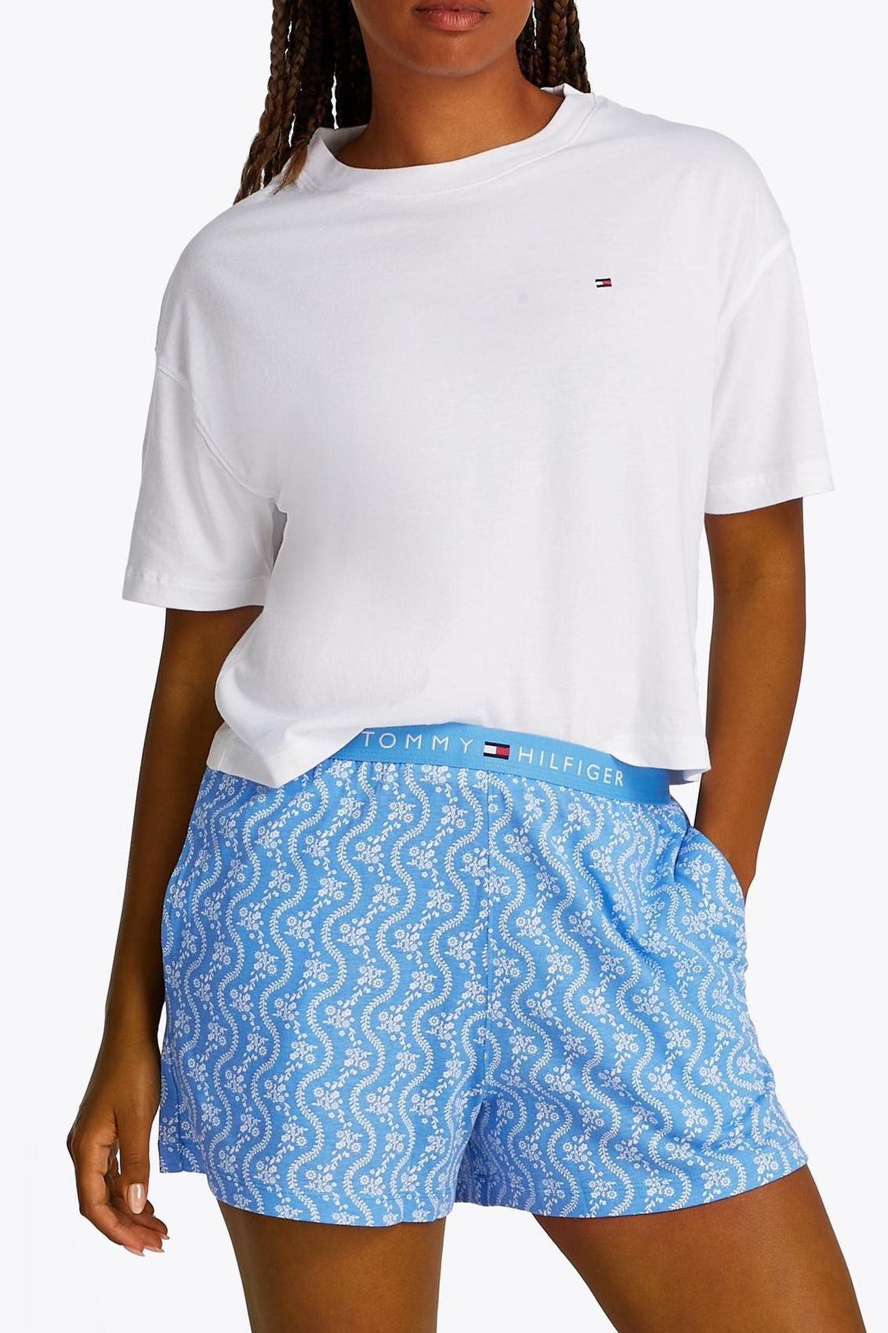 SS PRT PJ SHORT SET WHITE/FLOWER ZIG ZAG BLUE SPELL 1