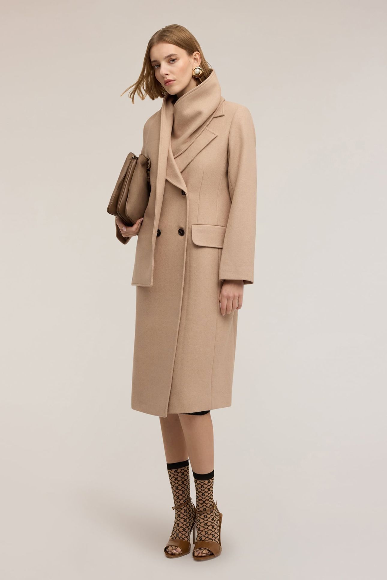 DOUBLE-BREASTED COAT WITH SCARF PATTERN BEIGE 2