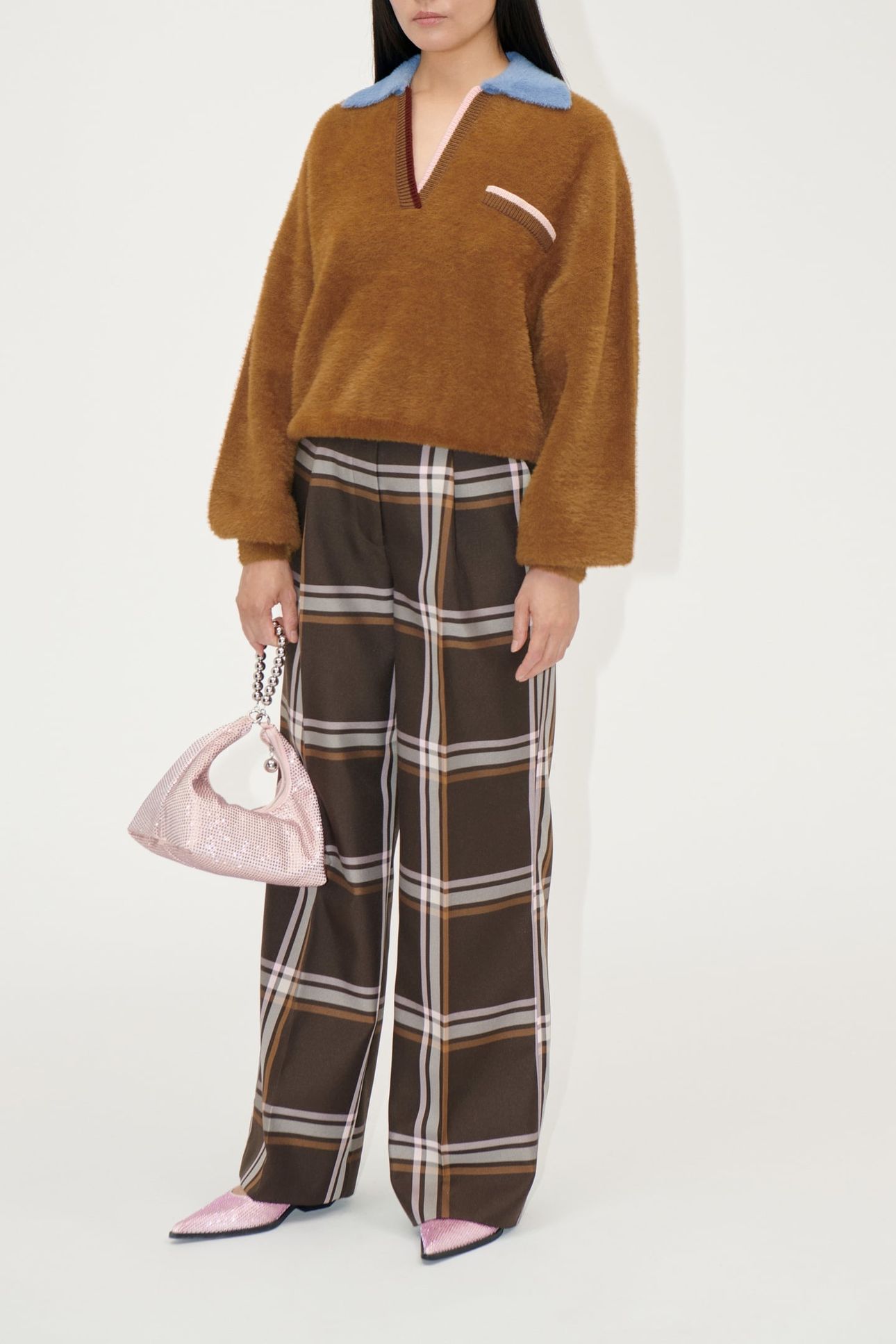 FRONT PLEAT LONG STRAIGHT PANTS WEAVED CHECKS 2
