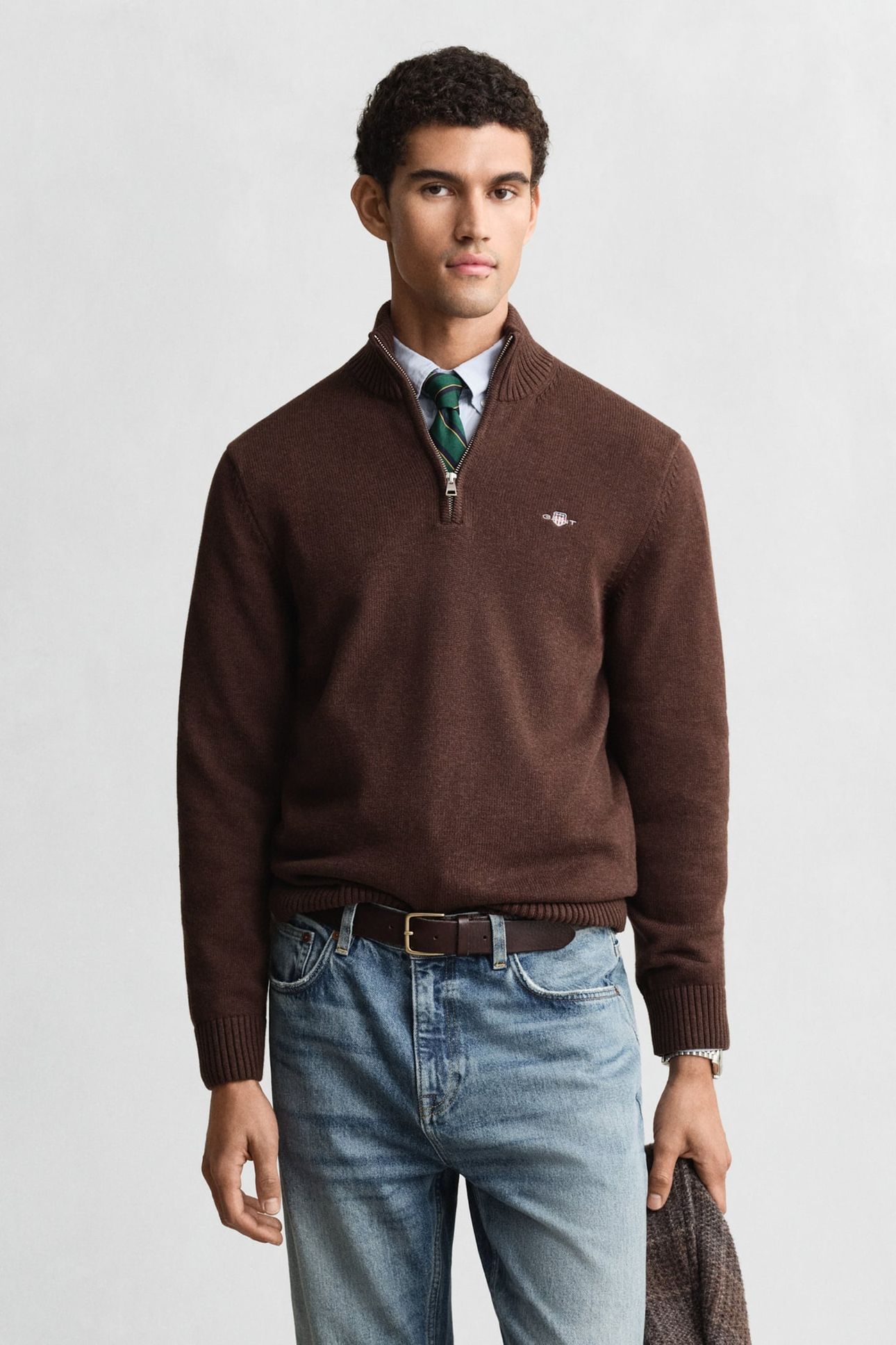 COTTON KNIT HALF-ZIP SWEATER BROWN MELANGE 1