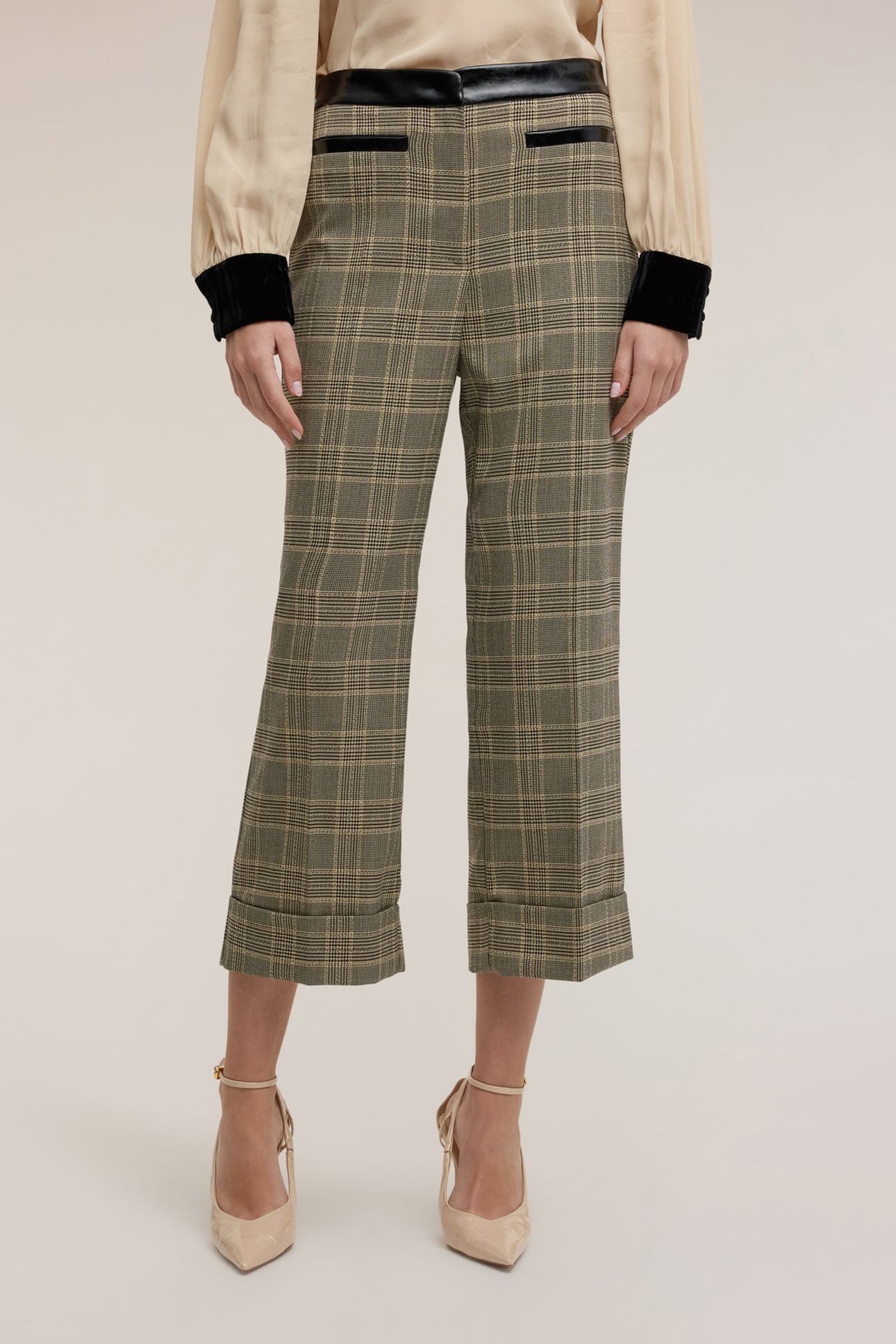 CROPPED YARN-DYED CHECK PATTERN TROUSERS BEIGE 1