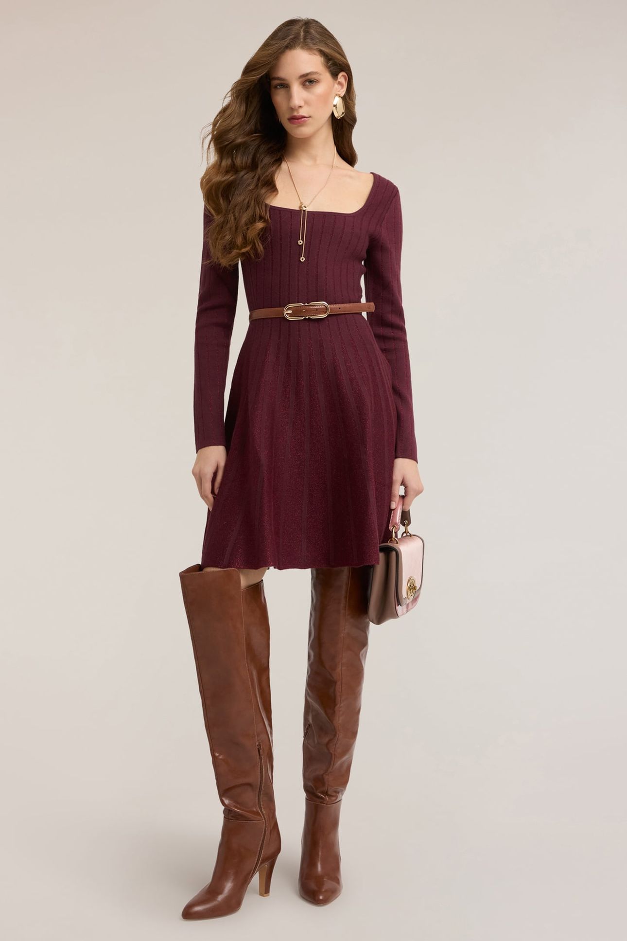 FLARE DRESS IN MIXED LUREX KNIT BURGUNDY 1