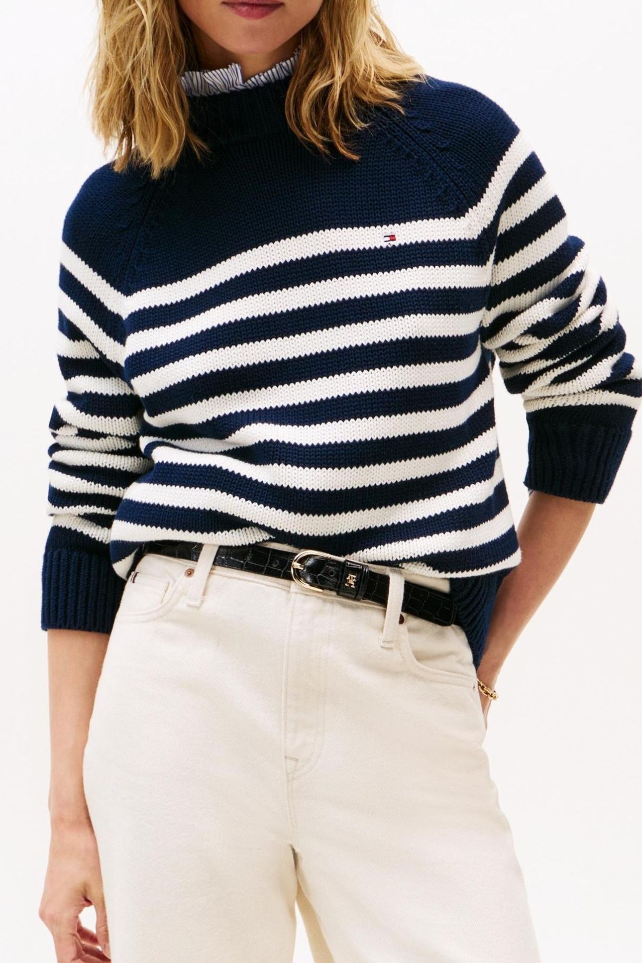 COTTON BLEND MOCK-NECK BLUE/WHITE ENG STRIPE 1