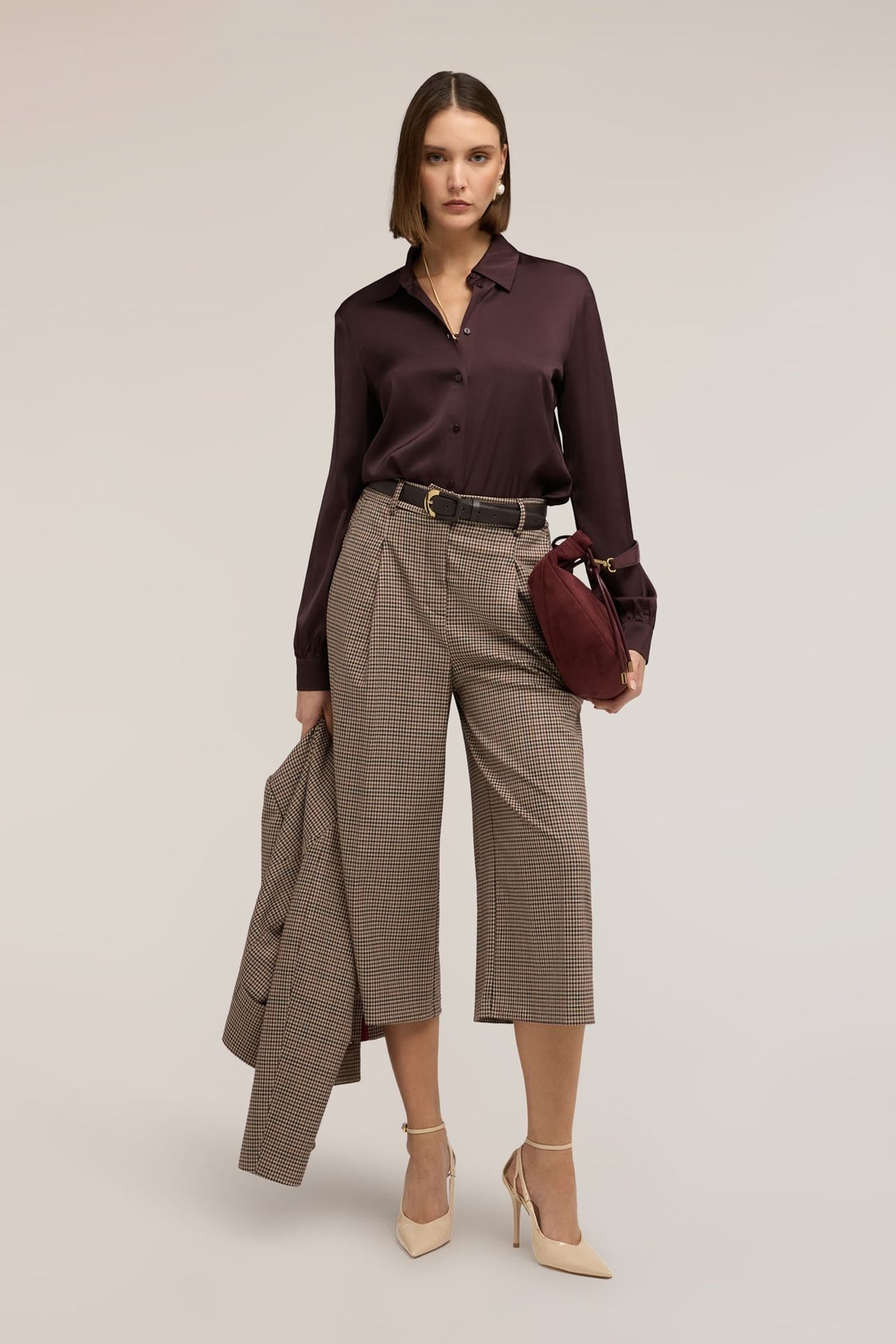 CROPPED TROUSERS IN YARN-DYED CHECK FANTASY BROWN 2