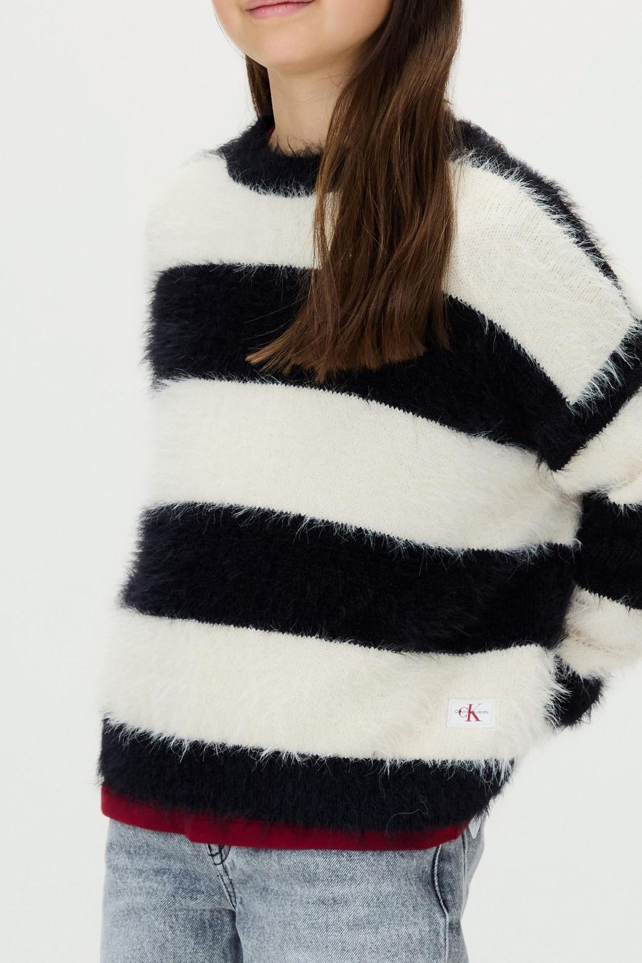 GIRLS STRIPE CN SWEATER WHITECAP GRAY/BLACK 1