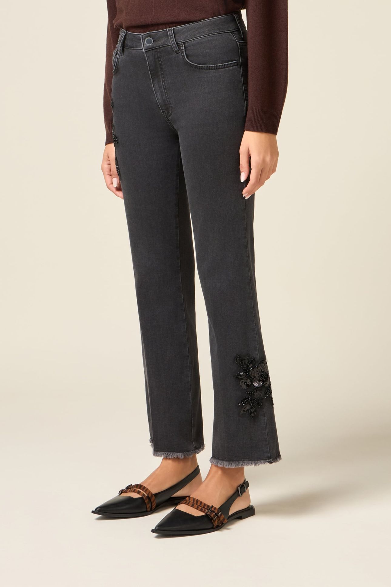 CROPPED WIDE JEANS IN DENIM WITH DECORATIVE PATCH BLACK 1
