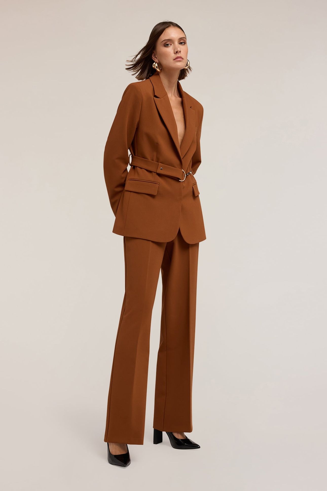 WIDE-LEG PALAZZO PANTS WITH METAL BELT LOOP BROWN 2