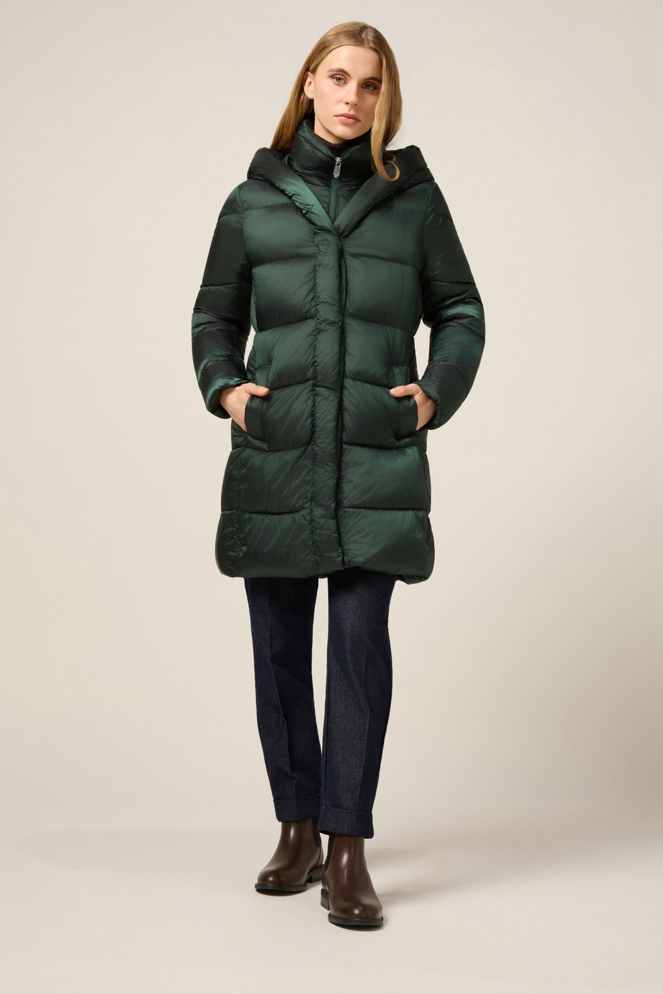 LONG NYLON DOWN JACKET WITH HOOD GREEN 1