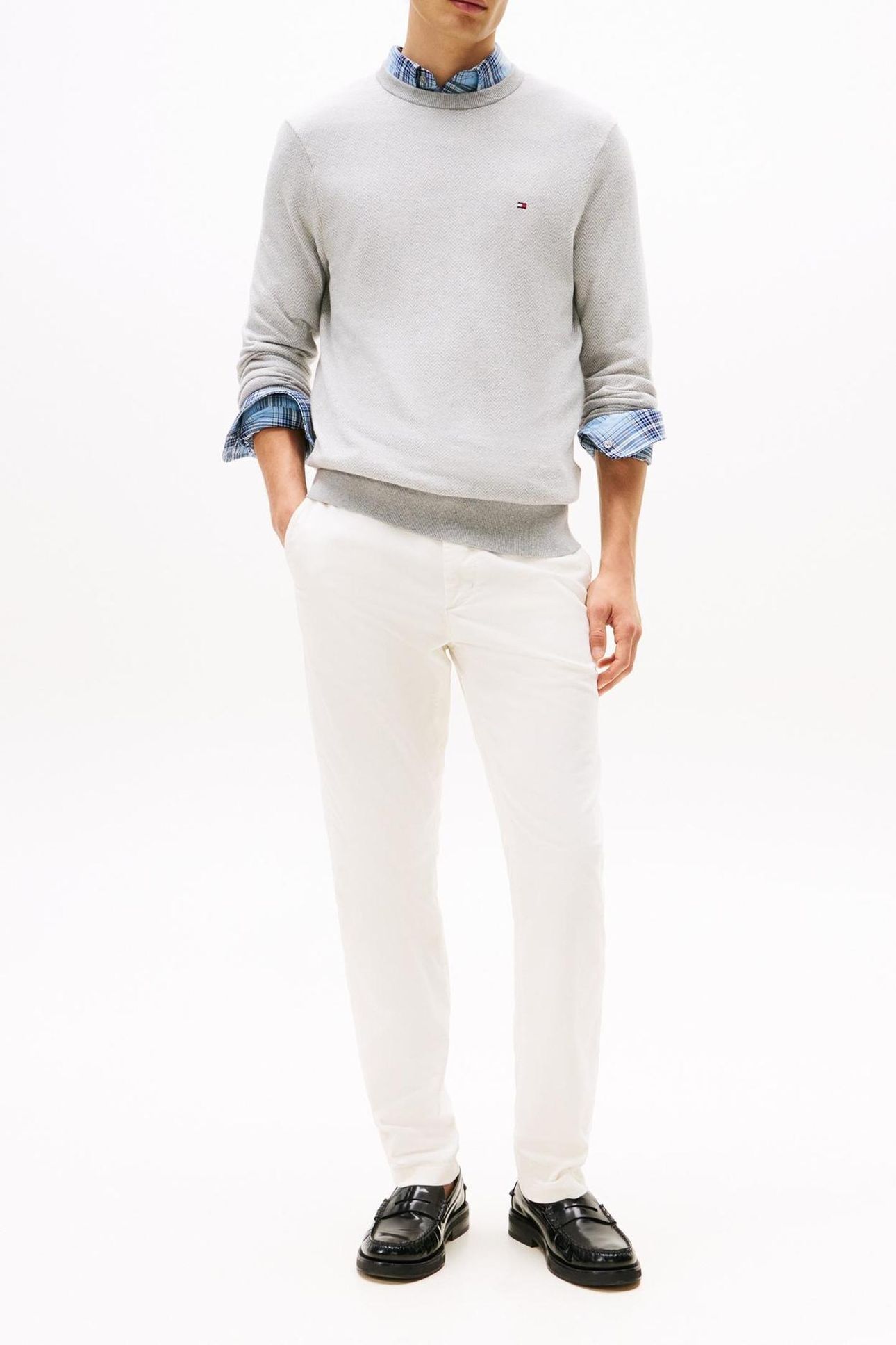 PIMA COTTON CASHMERE HERRINGBONE LIGHT GREY HEATHER/IVORY PE 1