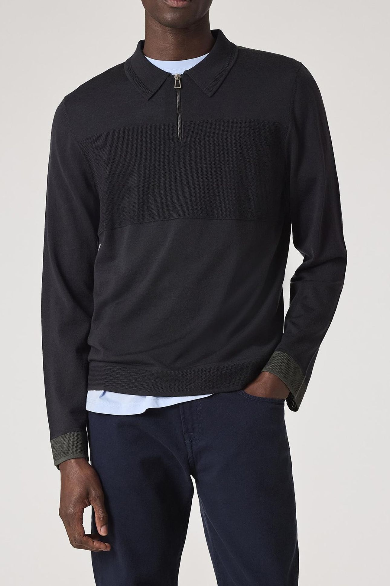 MENS SWEATER LS POLO BLACK MELANGE 1
