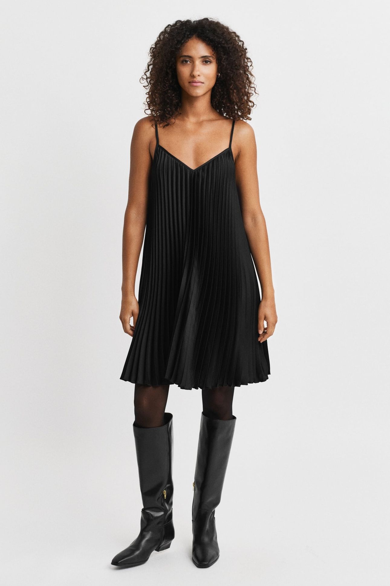 SATEEN PLEATED MINI STRAP DRESS BLACK 1