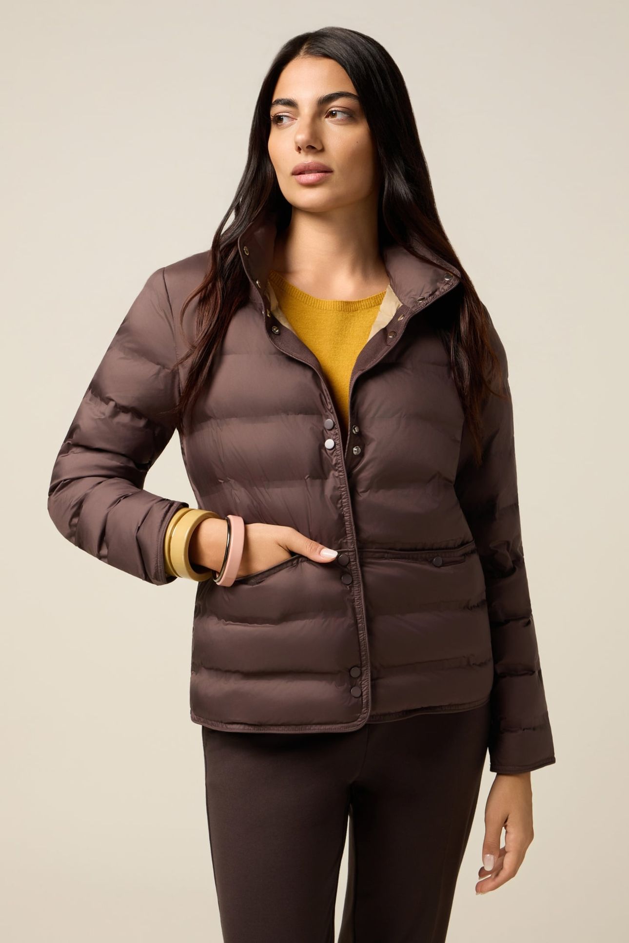 NYLON PUFFER JACKET WITH HIGH COLLAR BROWN 1