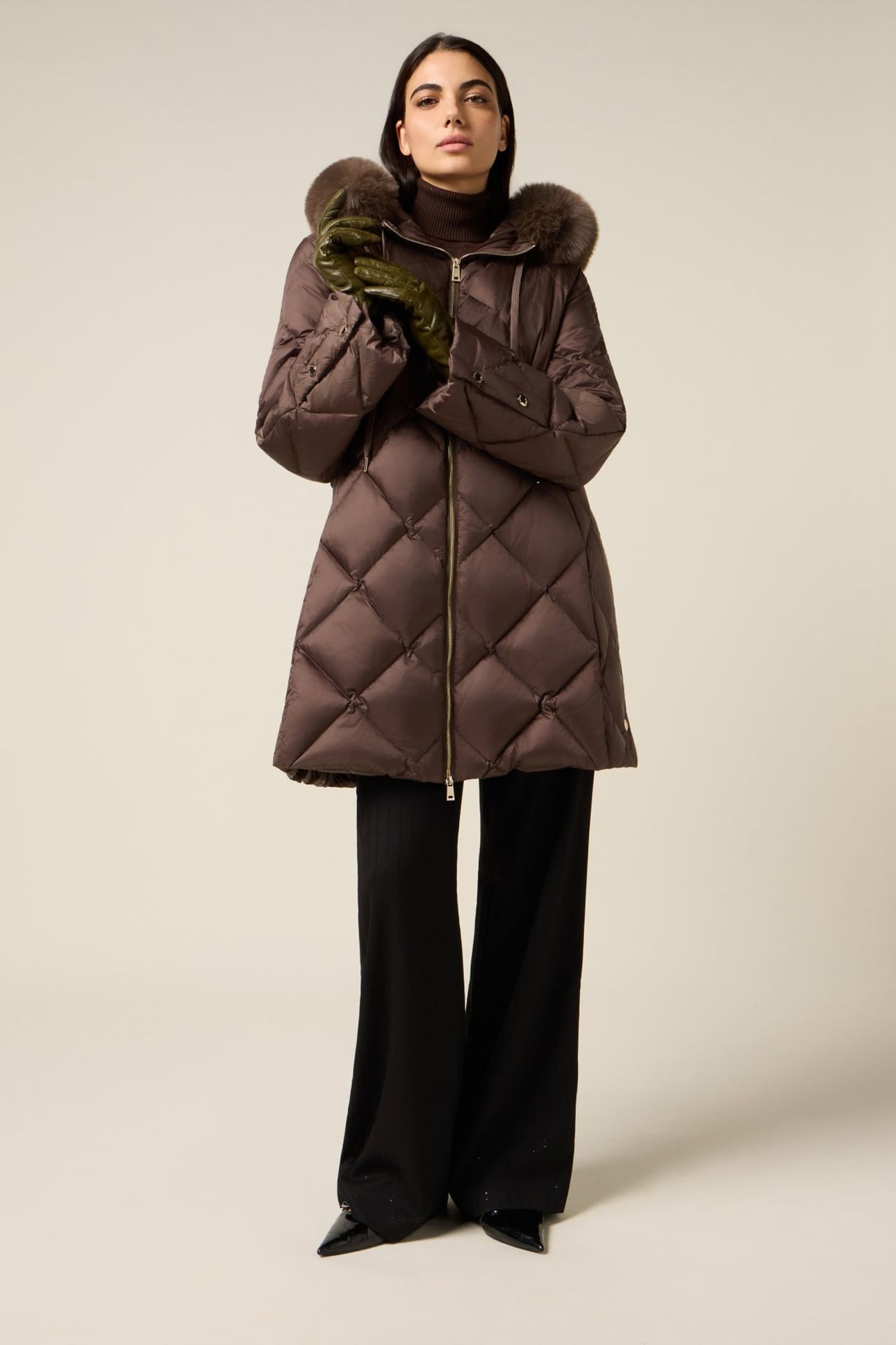 MIDI QUILTED DOWN JACKET WITH REAL FEATHER BROWN 1