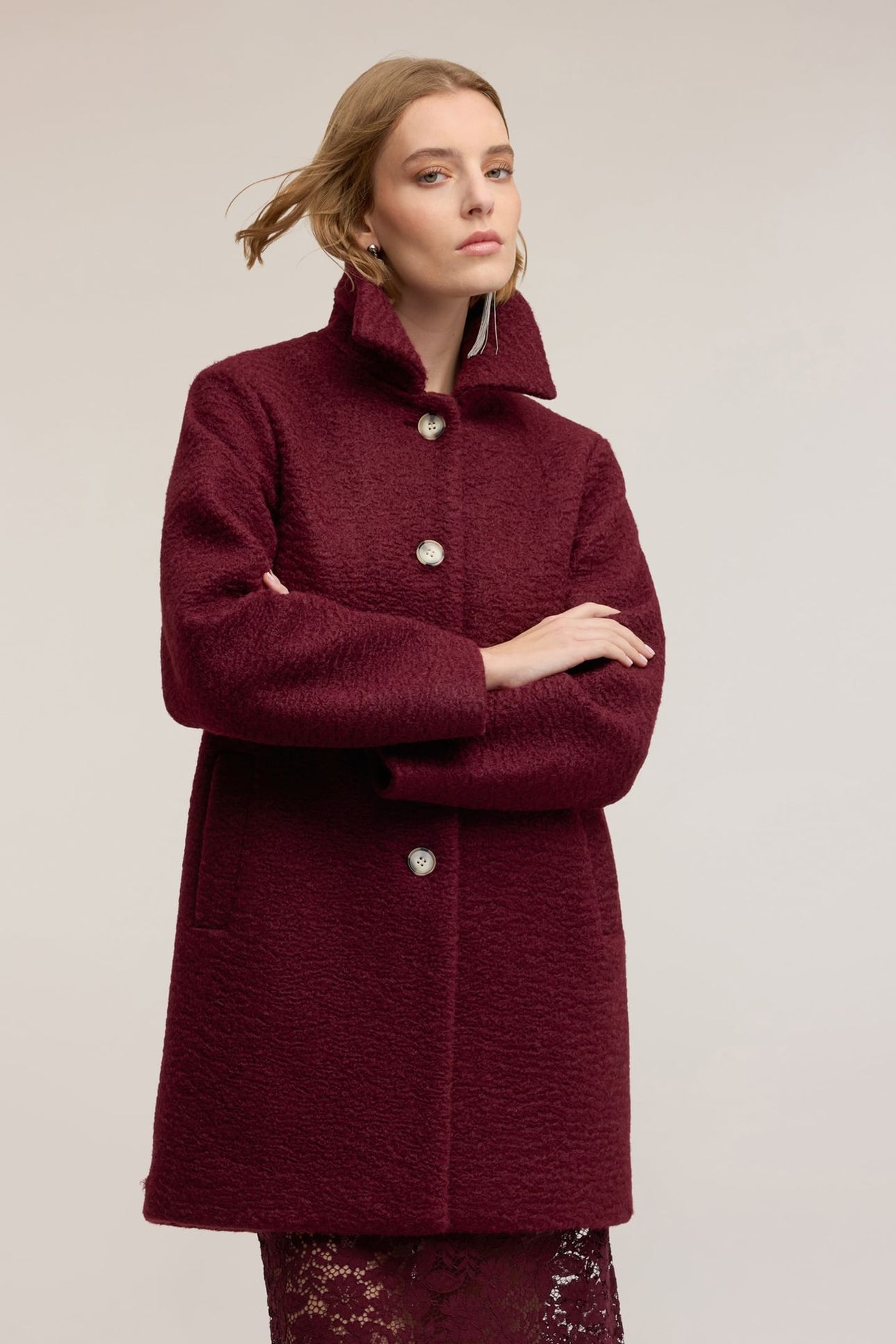 BOUCLÉ WOOL COAT BURGUNDY 1