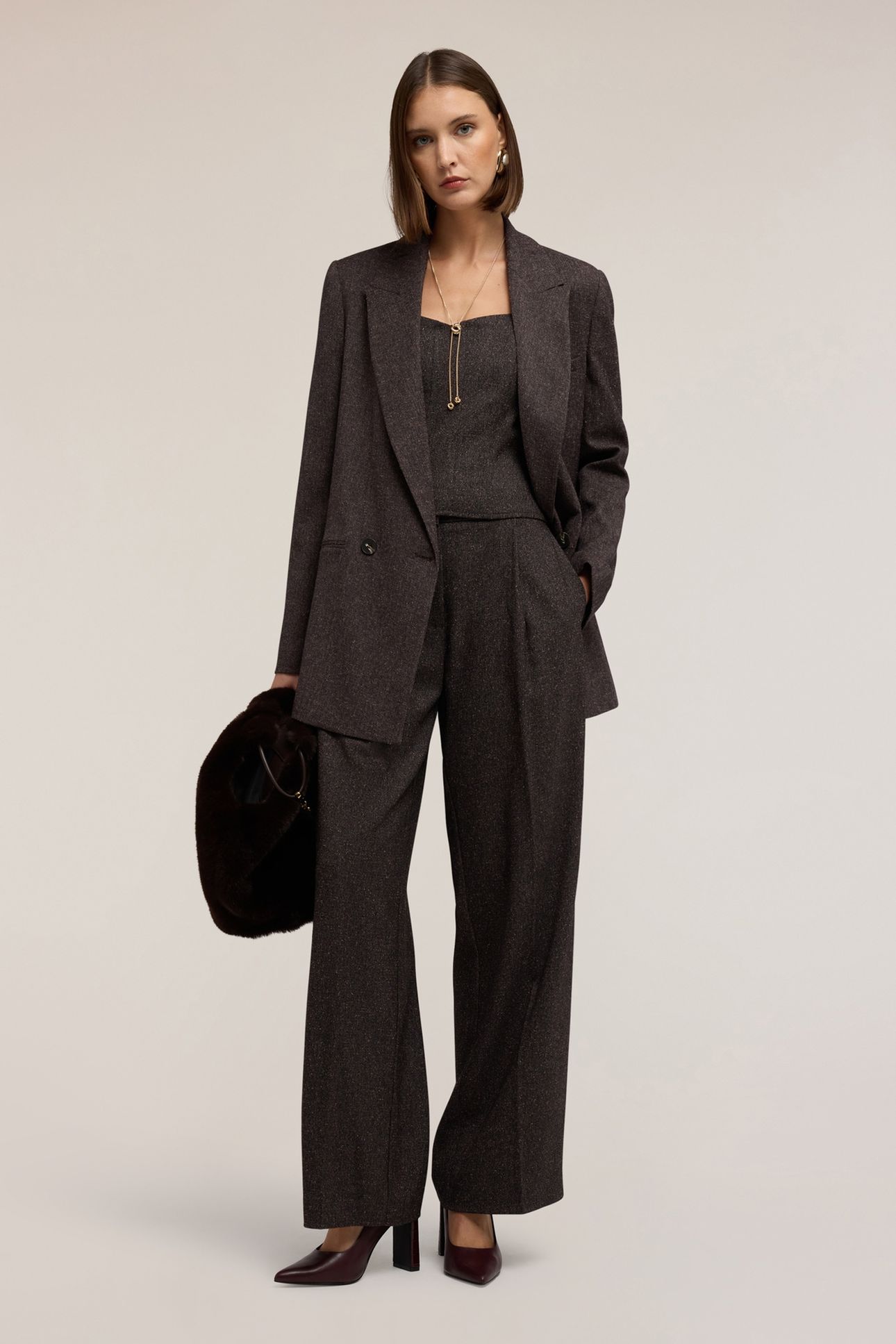 PALAZZO PANTS IN YARN-DYED FABRIC BROWN 1