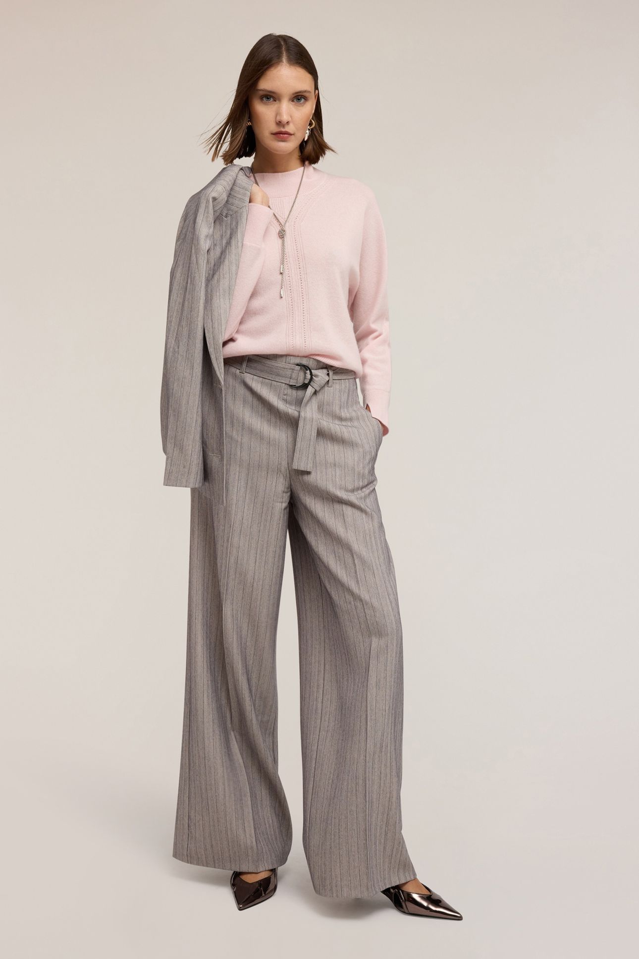 PINSTRIPED PALAZZO PANTS WITH BELT GREY 1