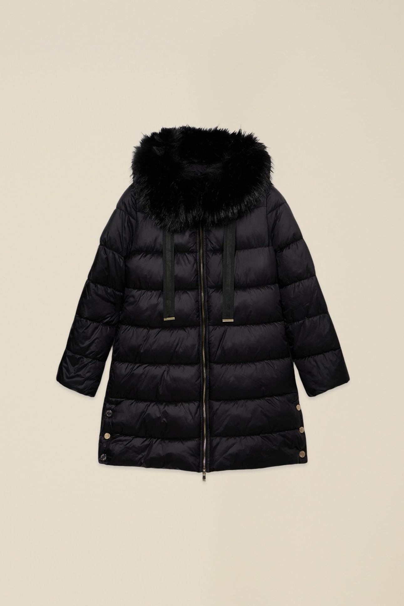 MIDI DOWN JACKET WITH HOOD AND FURRY TRIM BLACK 3