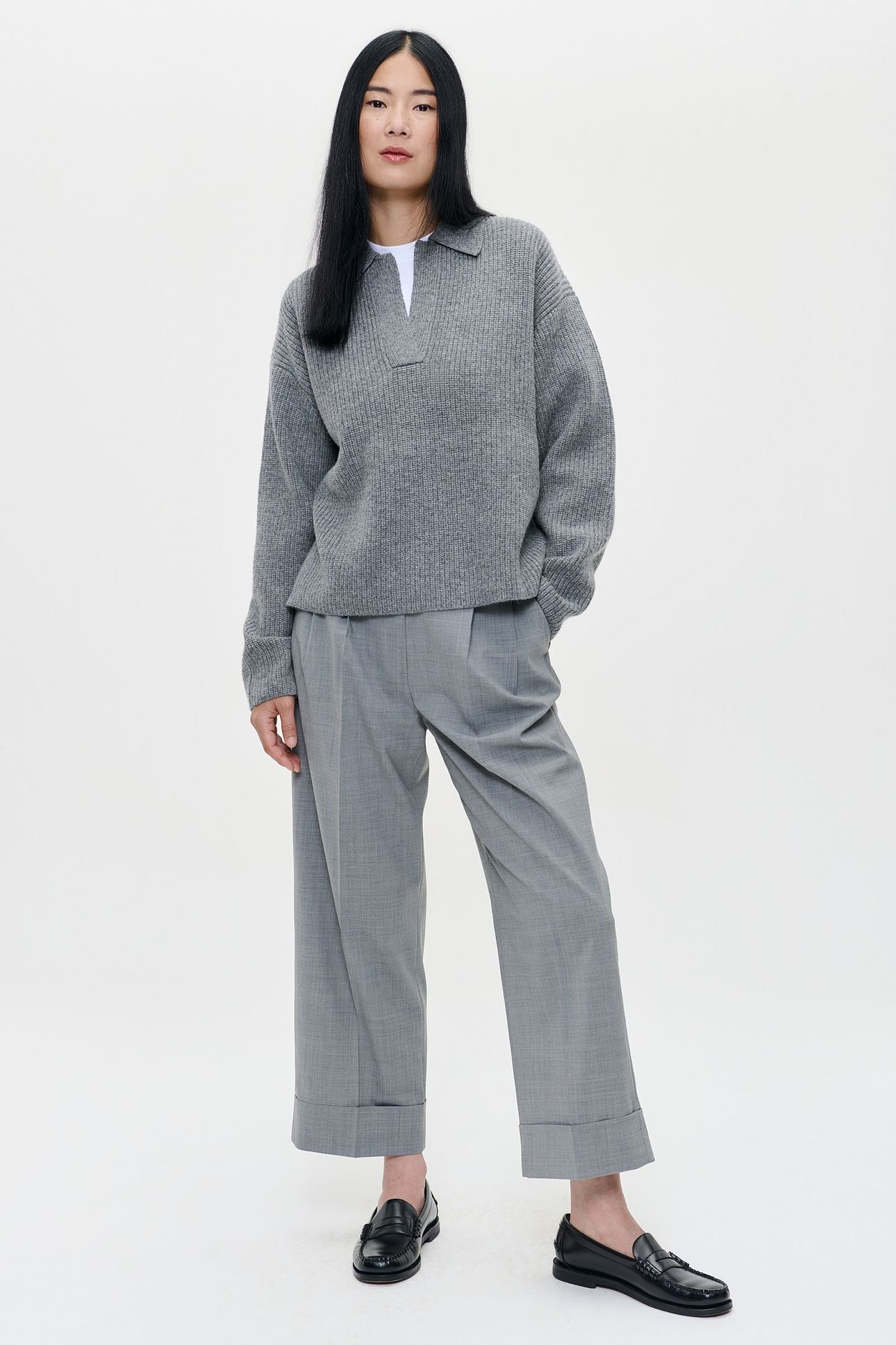 TROPICAL WOOL STRAIGHT PANTS GREY MELANGE 2