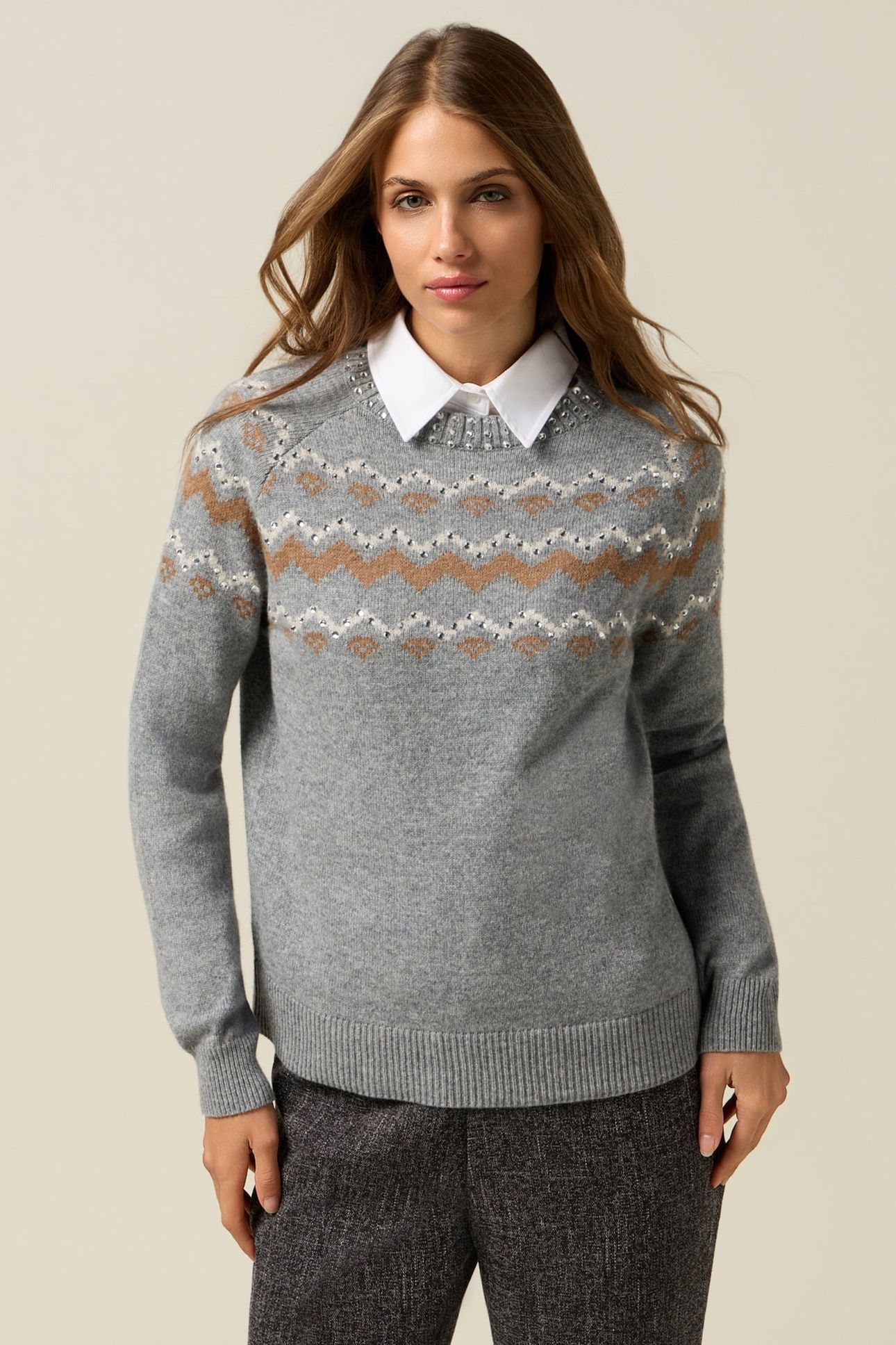 MIXED WOOL JACQUARD SWEATER WITH APPLIQUÉS GREY 1