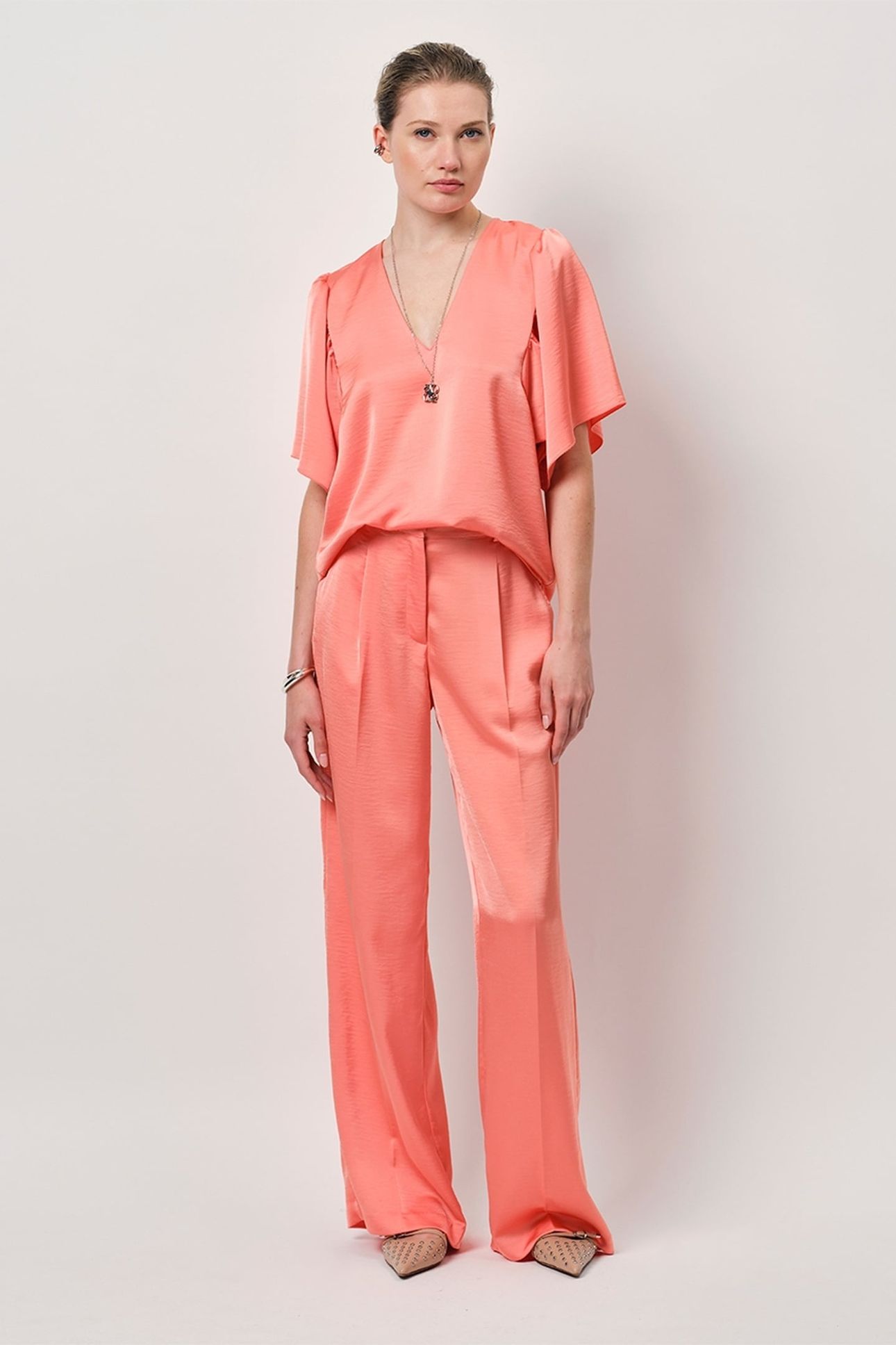 ARVI SATIN BUTTERFLY SLEEVE TOP RADIANT APRICOT 1