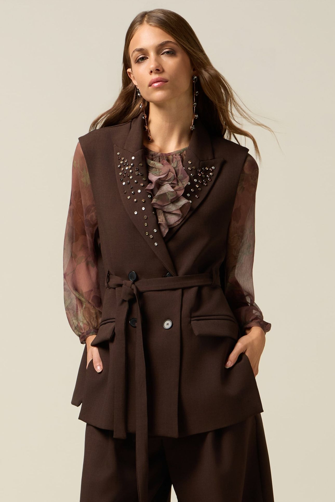 DOUBLE-BREASTED VEST WITH STUDS AND BEZELS BROWN 1