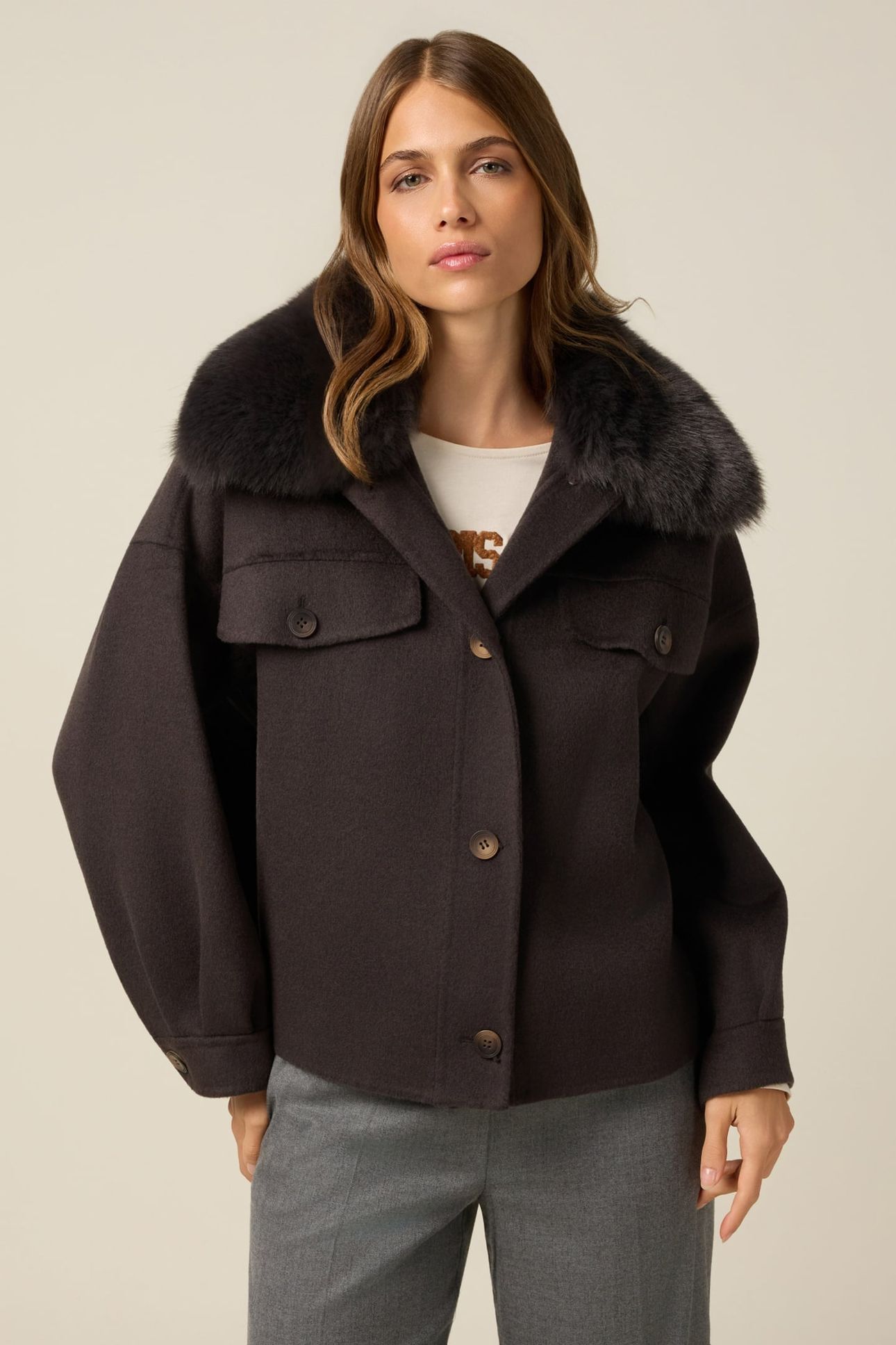 SHORT MIXED WOOL COAT WITH FURRY COLLAR BROWN 1