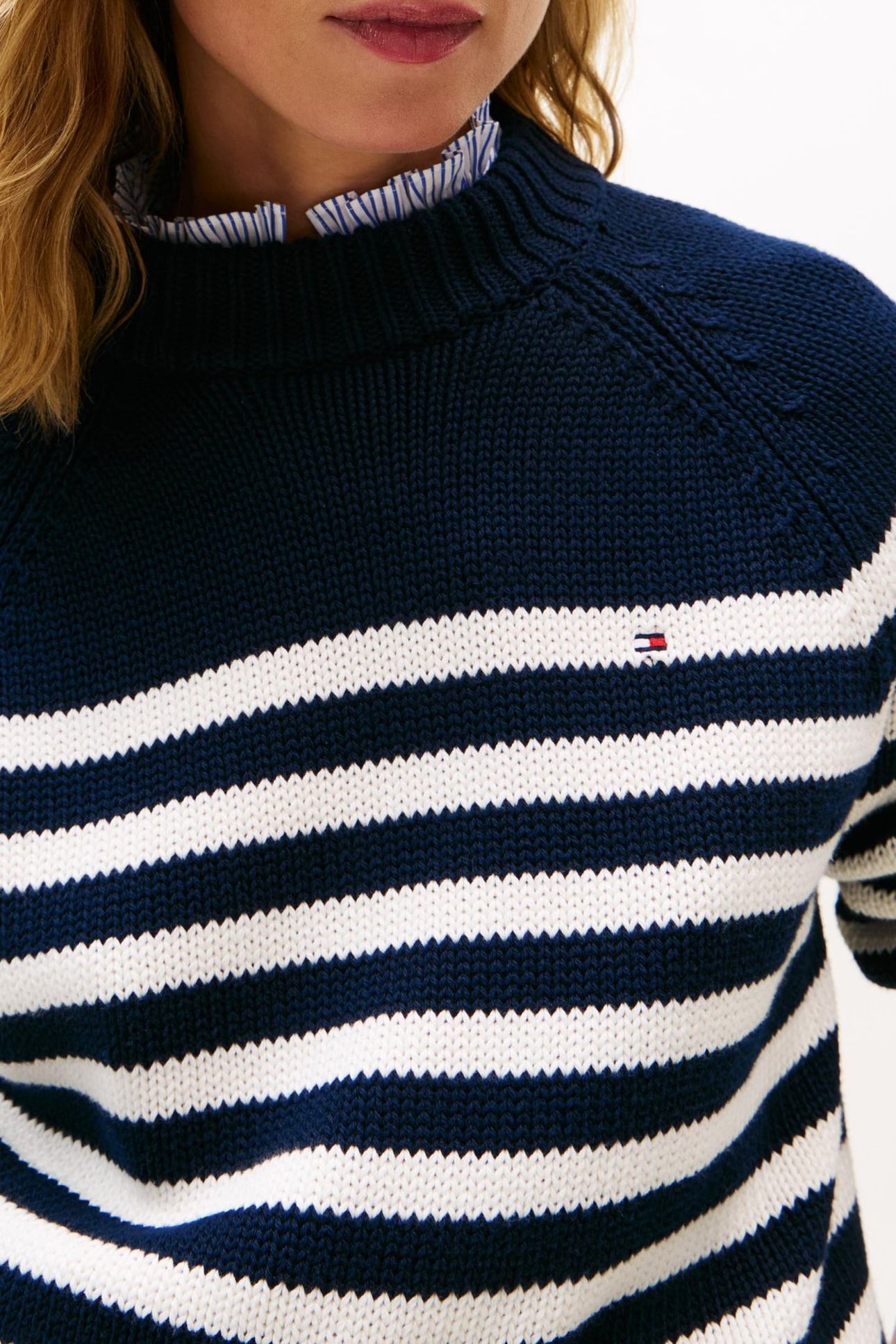 COTTON BLEND MOCK-NECK BLUE/WHITE ENG STRIPE 5