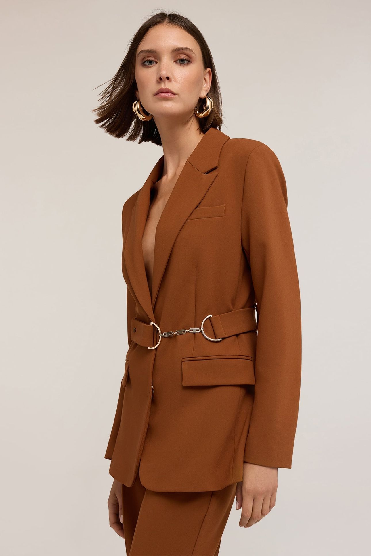 POLYESTER-VISCOSE BLAZER WITH BELT BROWN 2
