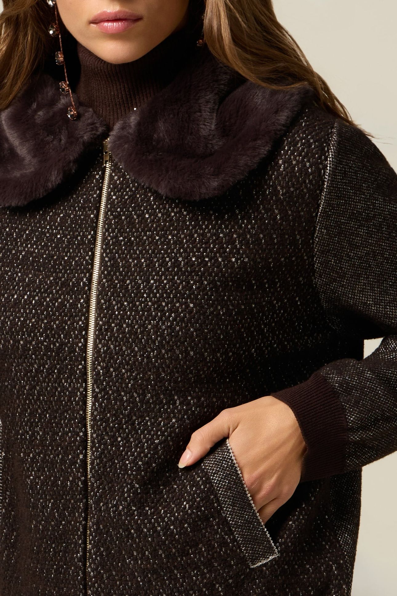 MIXED WOOL KNIT BOMBER WITH PLUSH EFFECT COLLAR BROWN 4