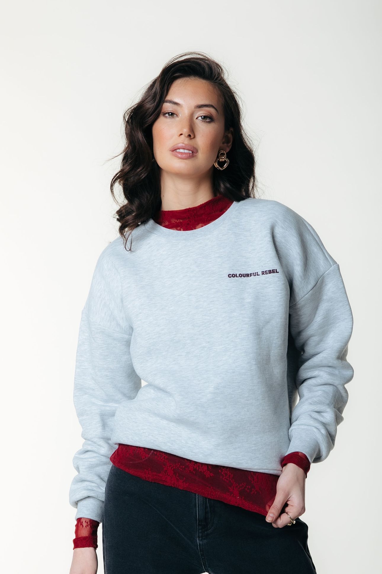 CR ROUND FLOWER DROPPED SHOULDER SWEAT LIGHT GREY MELANGE 1