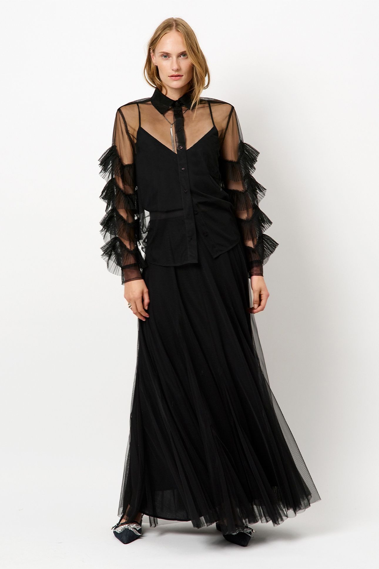 PIERS TULLE RUFFLED SHIRT RAVEN 1