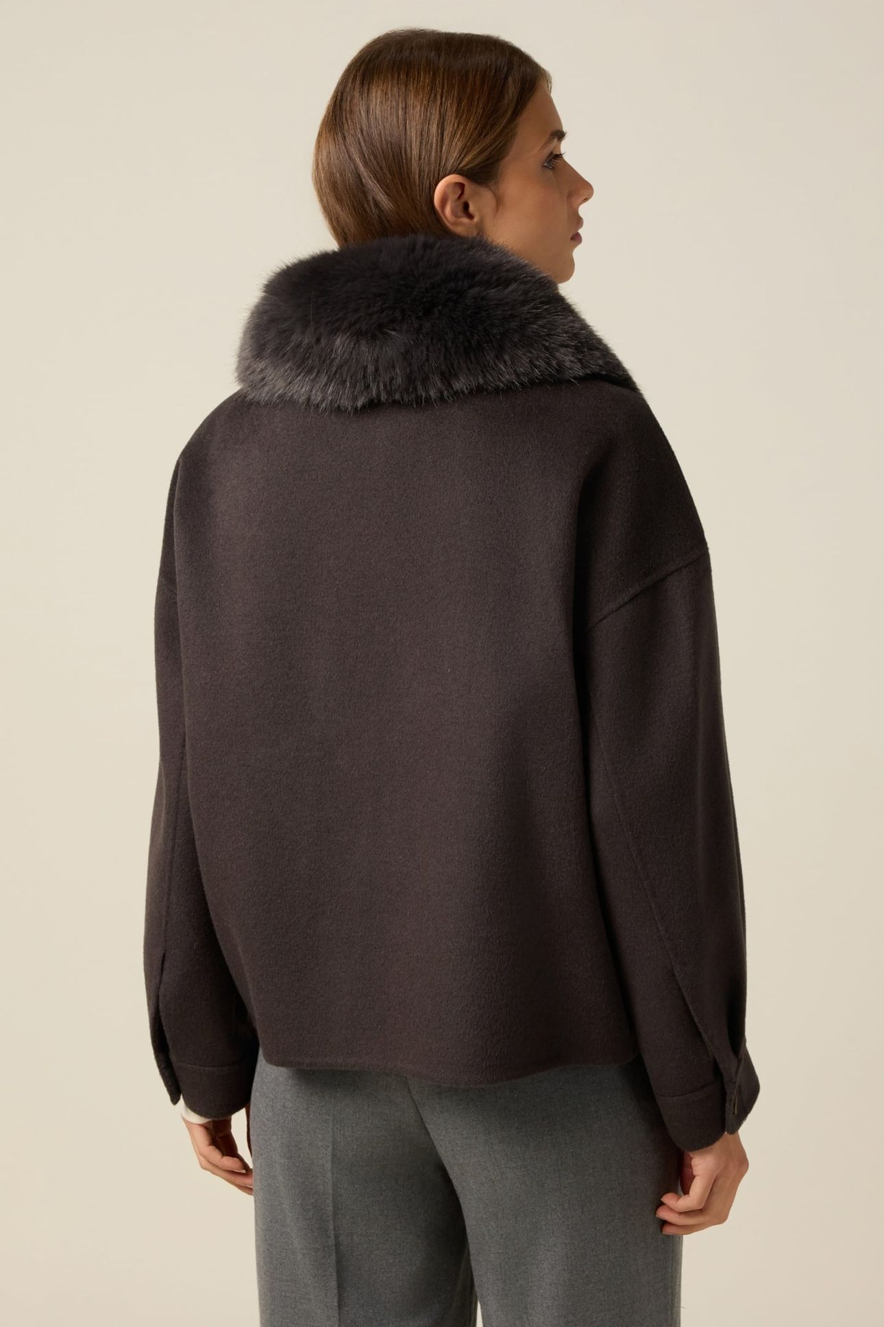 SHORT MIXED WOOL COAT WITH FURRY COLLAR BROWN 2