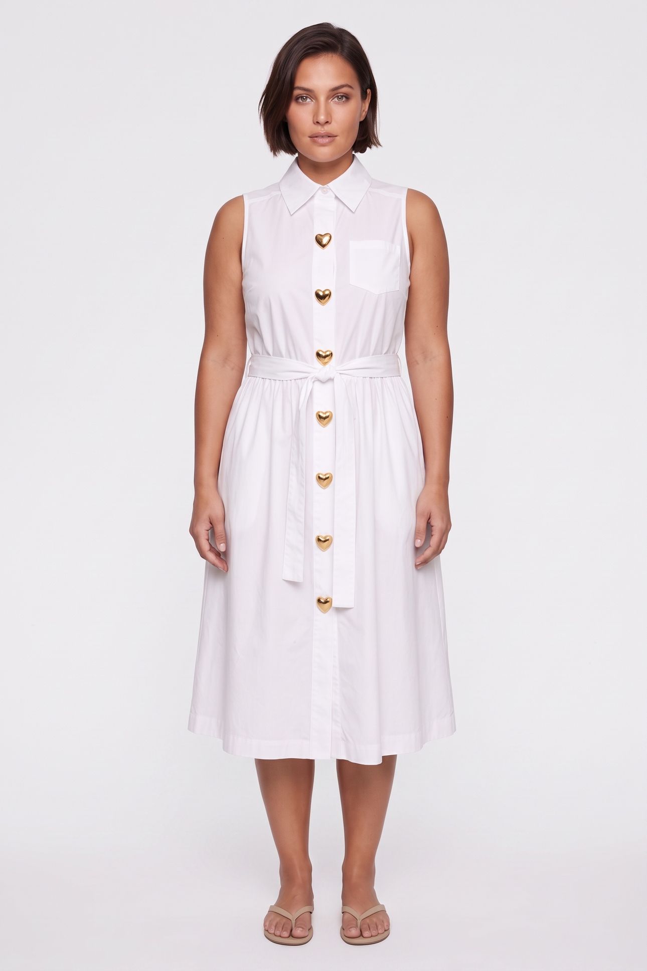 HEART BUTTONS STRETCH POPLIN DRESS WHITE 1
