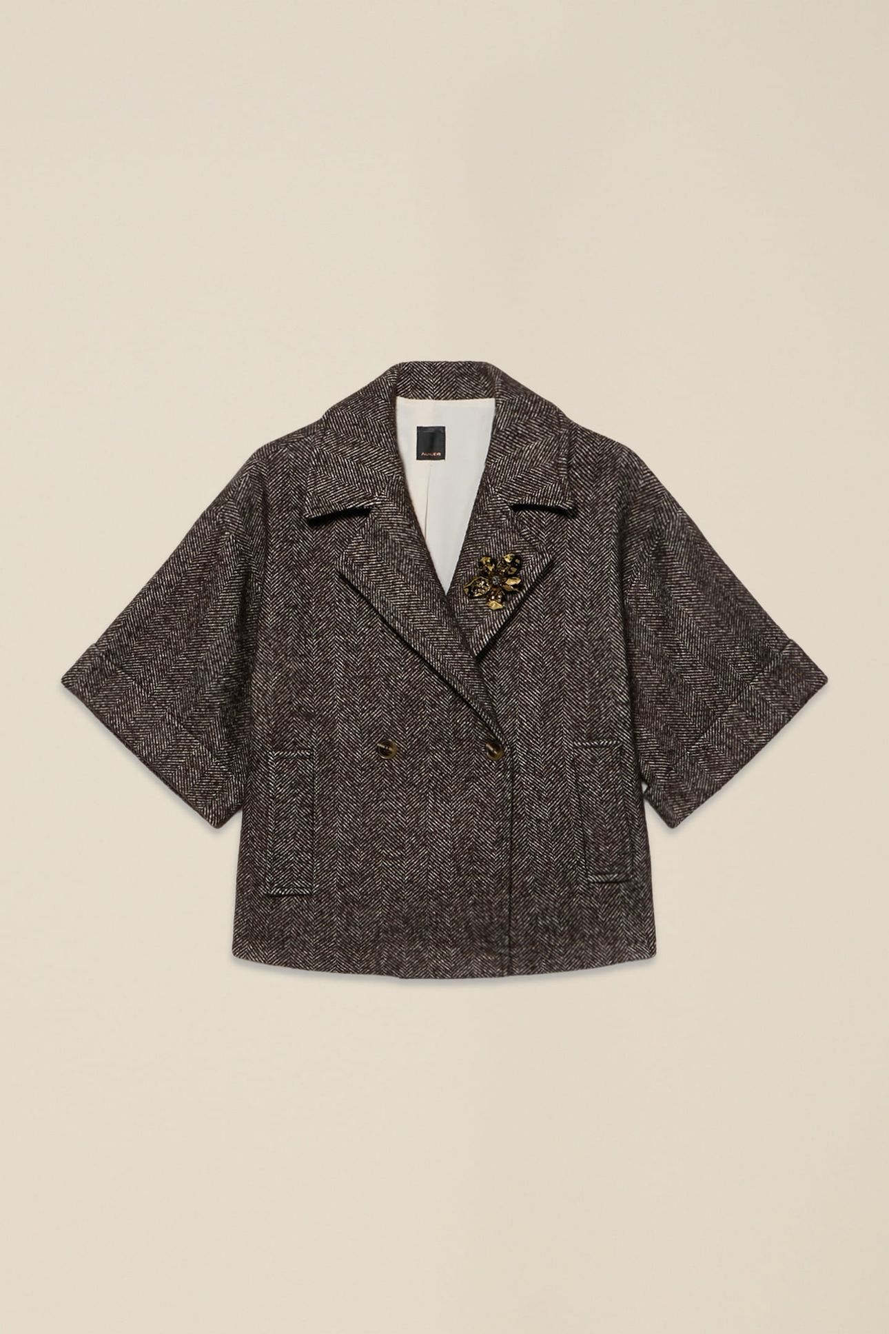 DOUBLE-BREASTED WOOL BLEND CAPE WITH BROOCH BROWN 3