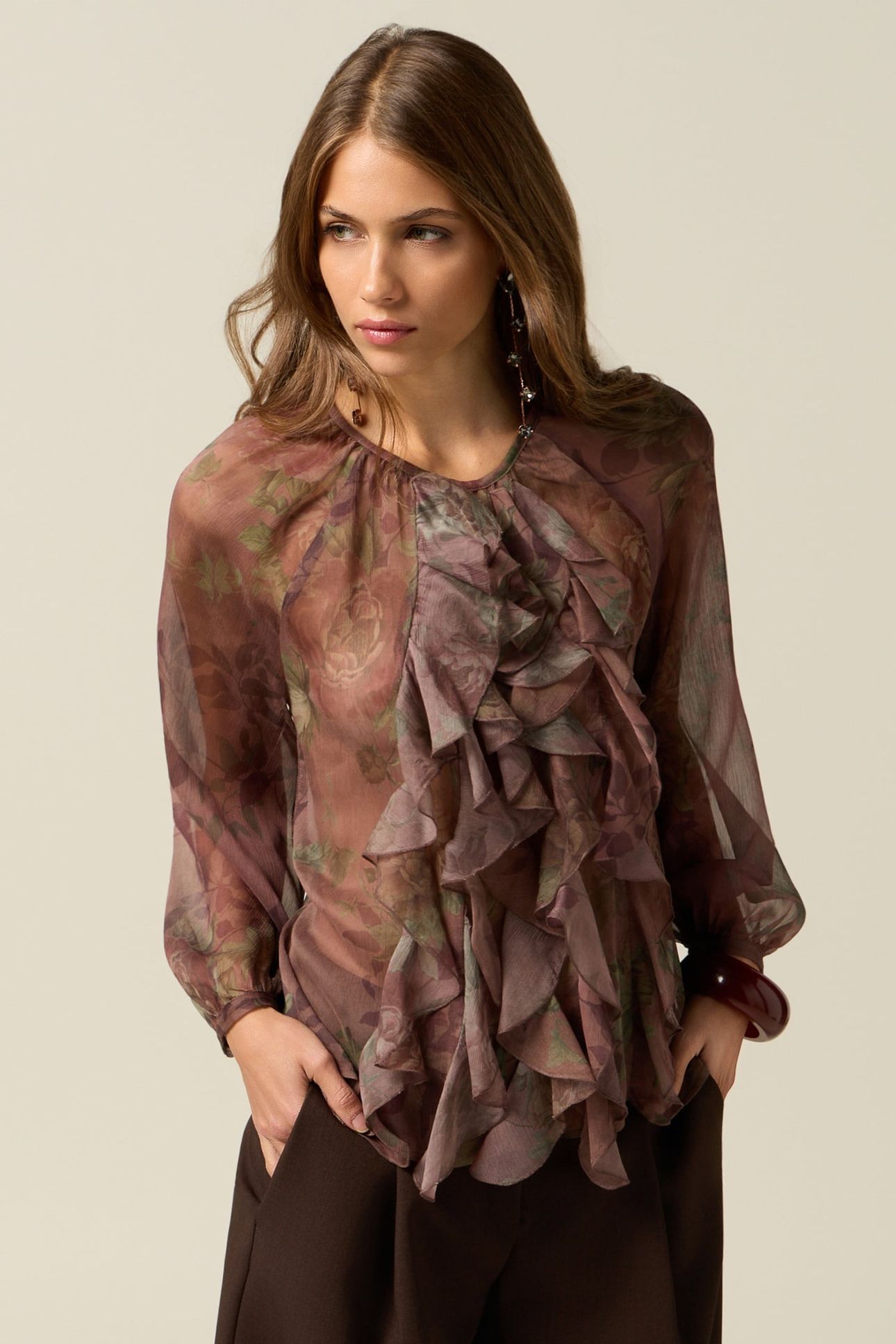 FANTASY BLOUSE WITH RUFFLES BROWN 1