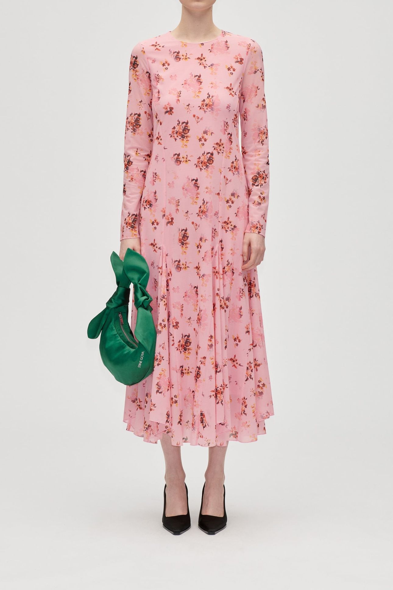 LONG SLEEVE RUFFLING MIDI DRESS PINK MAGNOLIAS 1