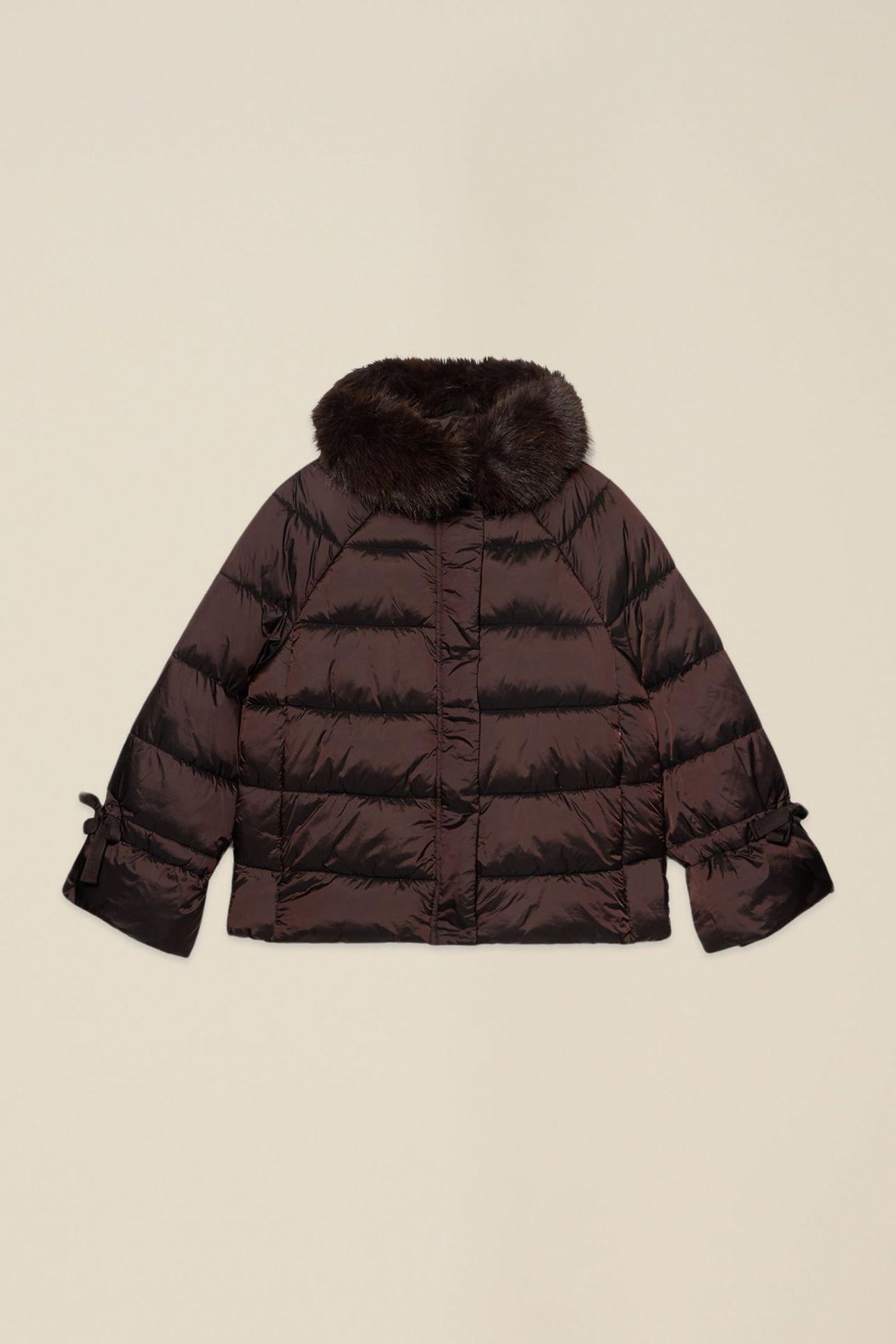 DOWN JACKET WITH HOOD AND FURRY TRIM BROWN 4