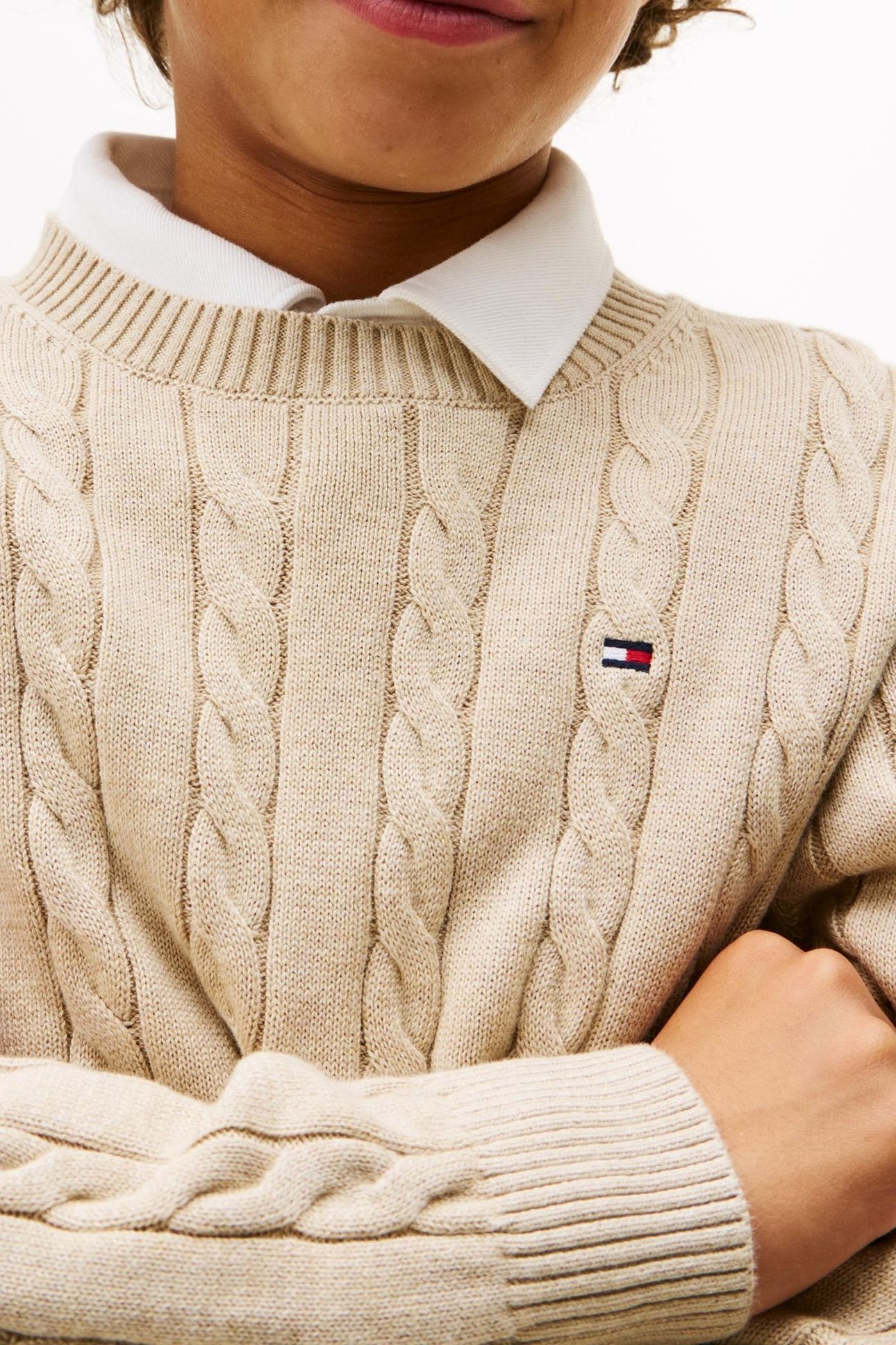 BOYS COTTON CABLE SWEATER MALTED MILK HEATHER 5