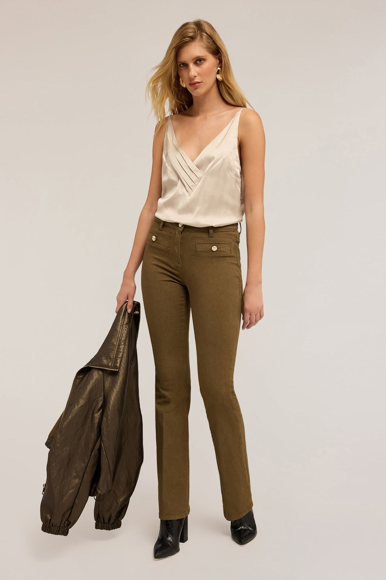 COTTON DRILL FLARE PANTS MILITARY GREEN 2