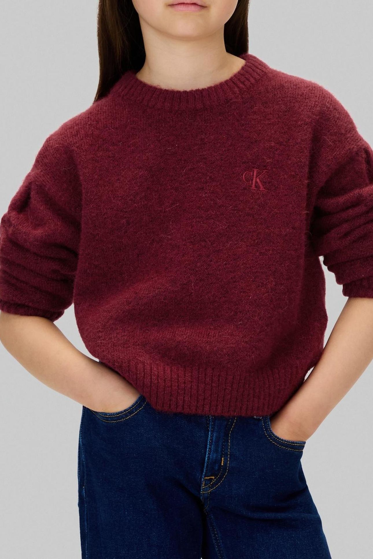 GIRLS BOX PLEAT FLUFFY SWEATER RASPBERRY CHOCOLATE 1