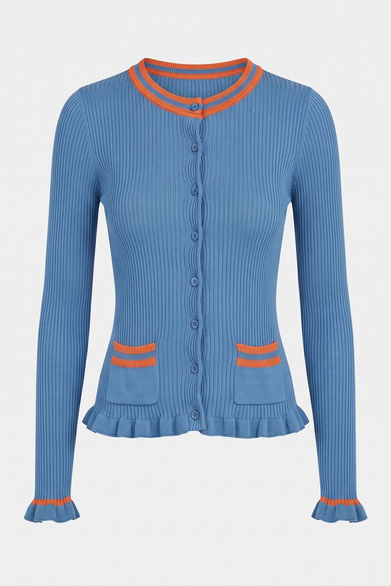 STRIPED DETAILS RIBBED KNIT CARDIGAN BLUE 3