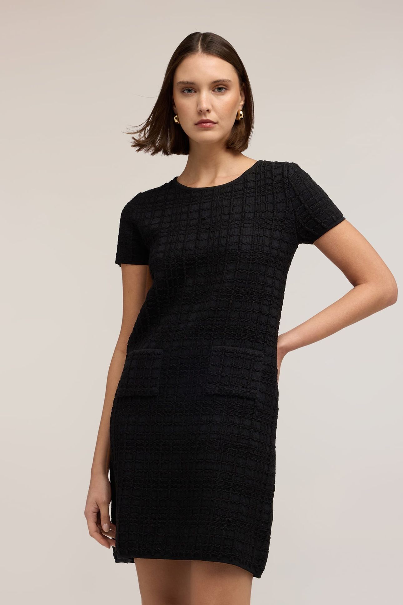 KNITTED WOOL BLEND SHEATH DRESS BLACK 1