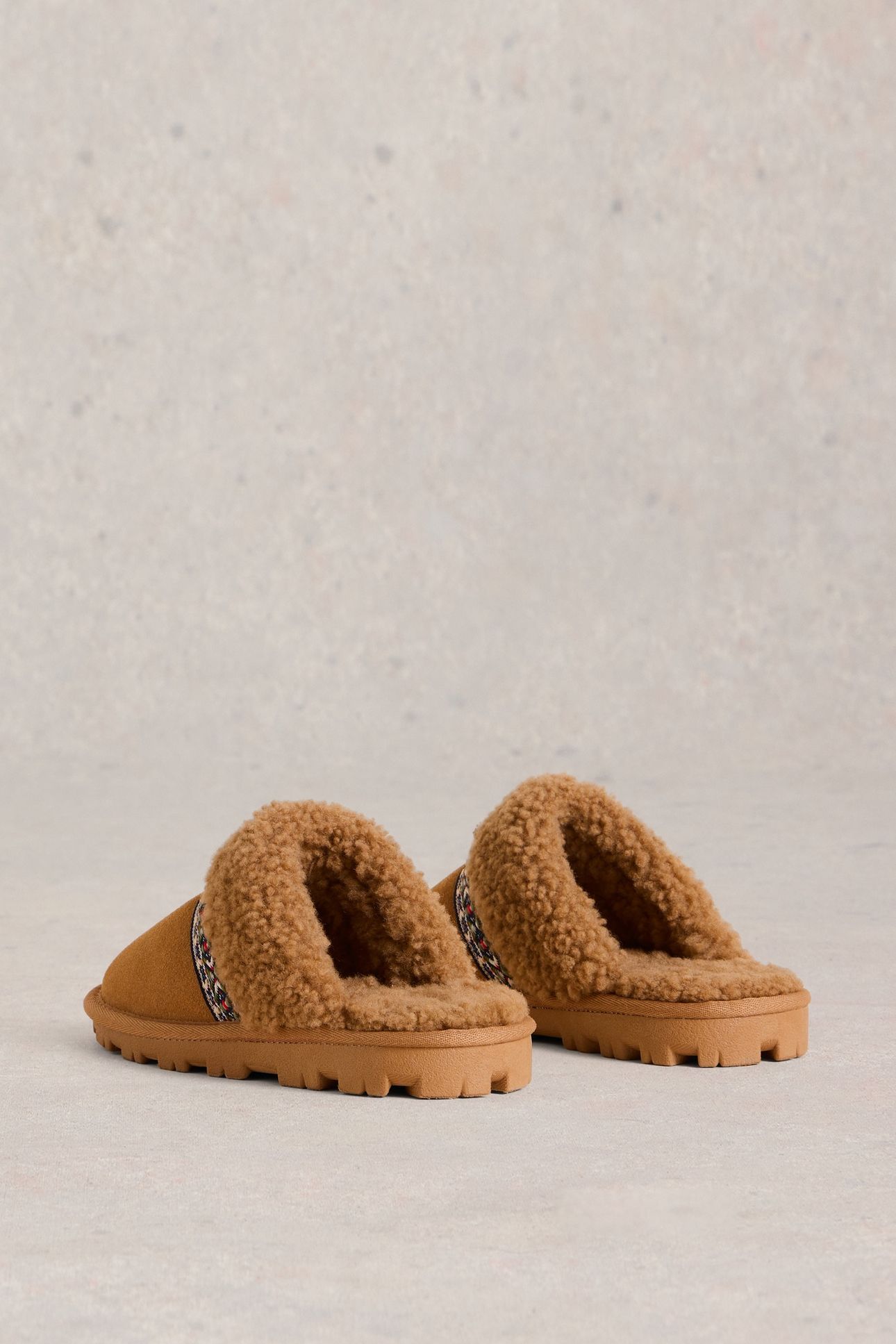 SUEDE SHEARLING SLIPPER MULE TAN MULTI 2