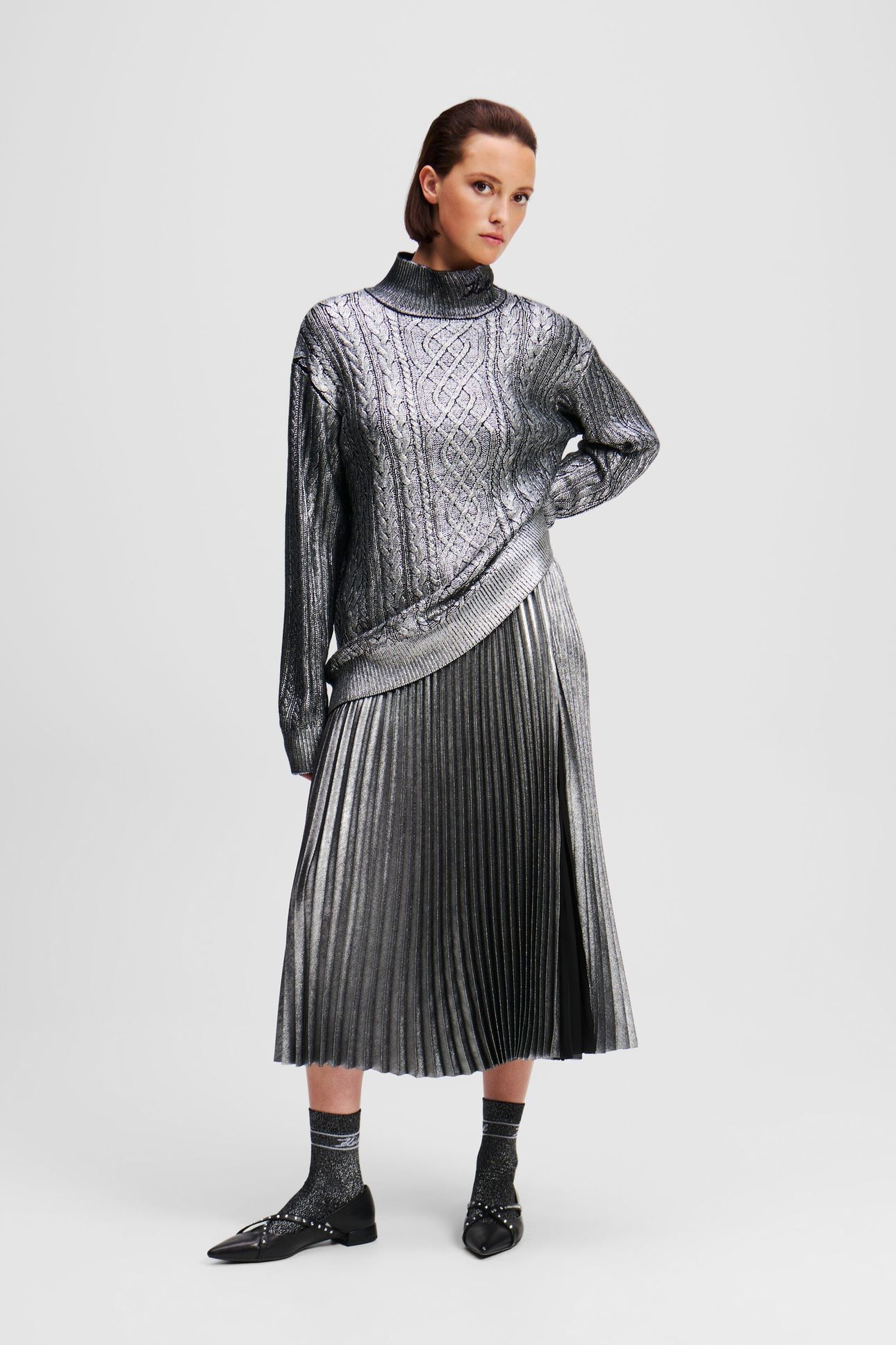 FOIL PLEATED SKIRT GUNMETAL 2