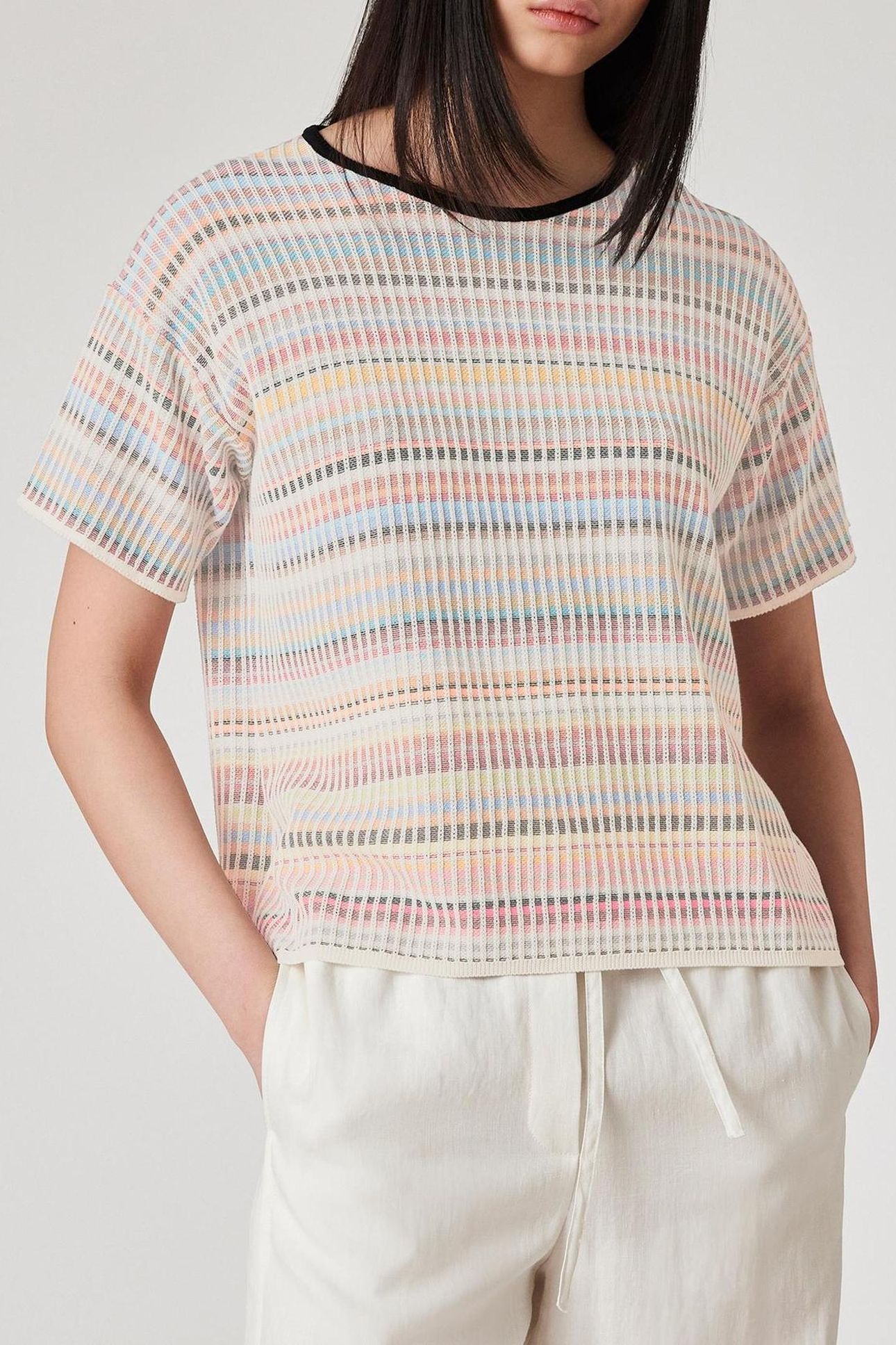 WOMENS KNITTED SS TOP CREW NECK MULTI COLOURED 1