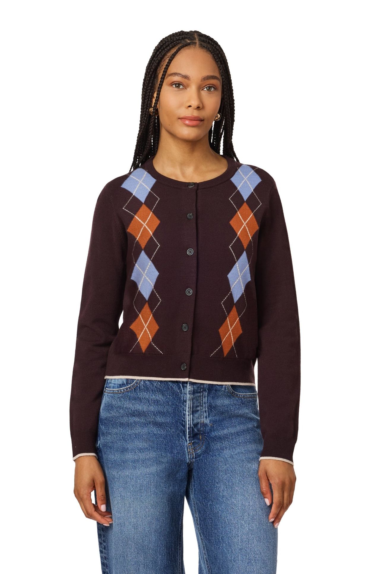 CREW NECK CARDIGAN SEAL BROWN/ STONEWASH / CARAMEL CAFÉ 1