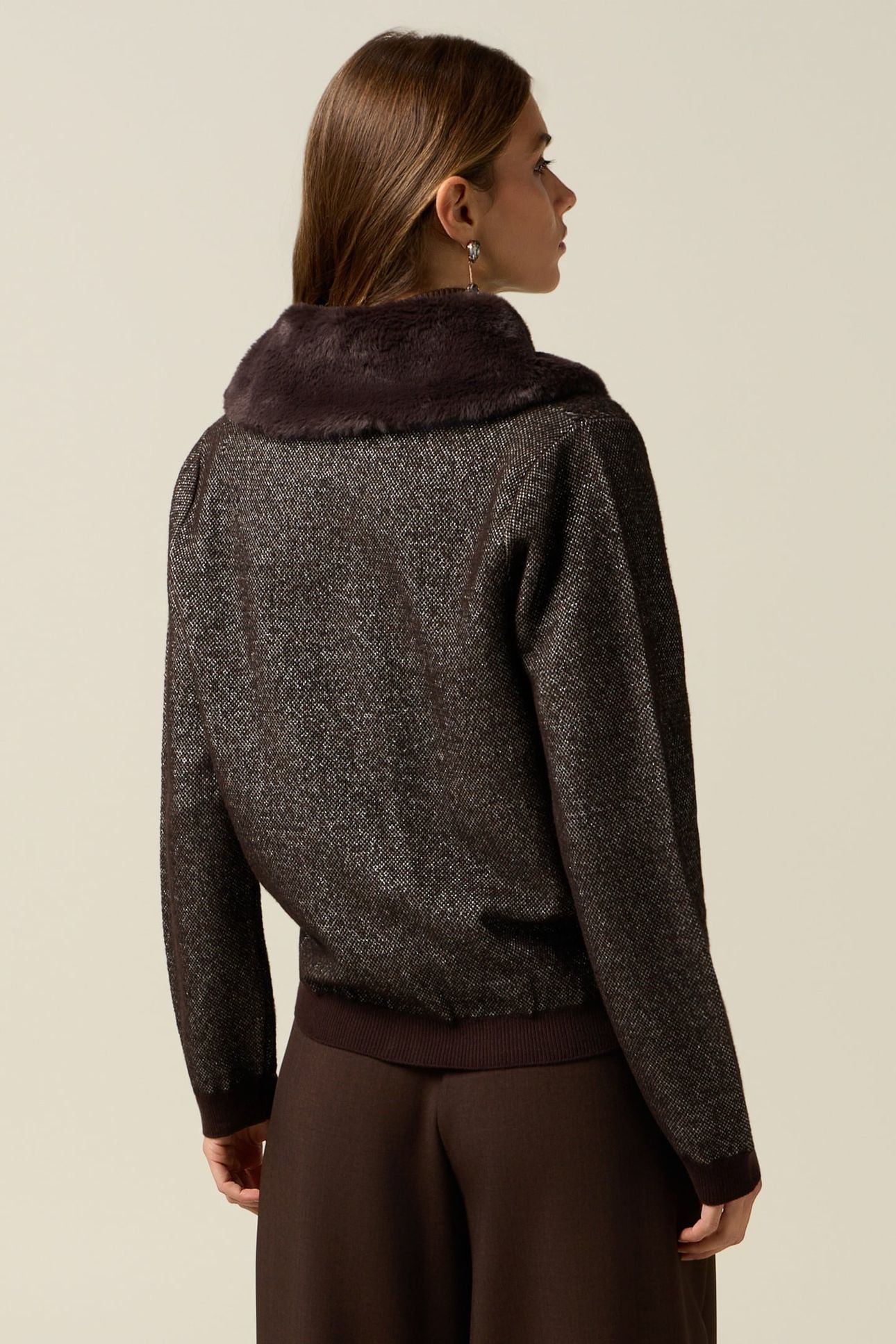 MIXED WOOL KNIT BOMBER WITH PLUSH EFFECT COLLAR BROWN 2
