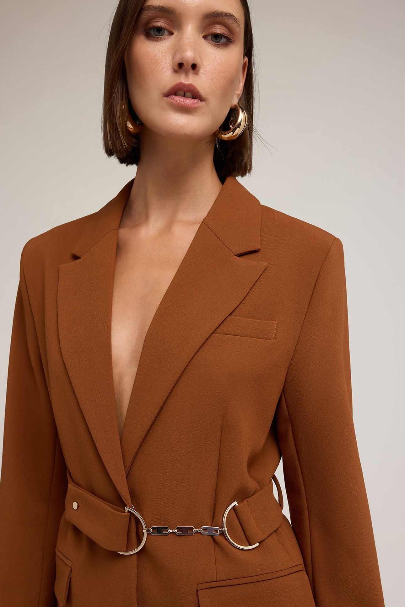 POLYESTER-VISCOSE BLAZER WITH BELT BROWN 5