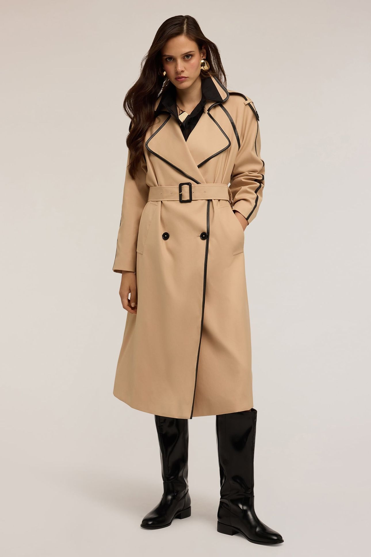 DOUBLE-BREASTED TRENCH COAT WITH TRIMMINGS BEIGE 1